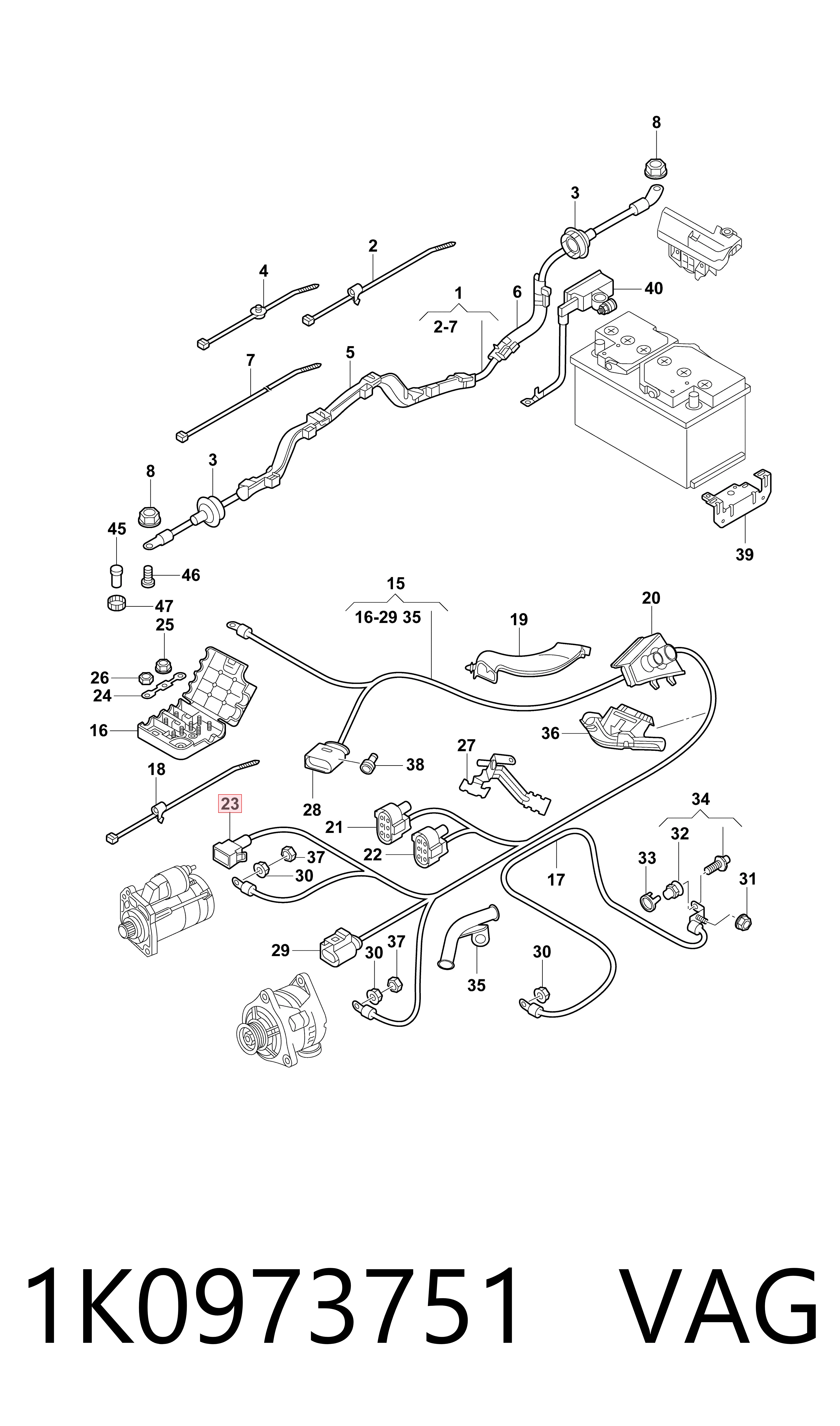 1K0973751 VAG Instalação elétrica (desengate), kit para o motor de arranco