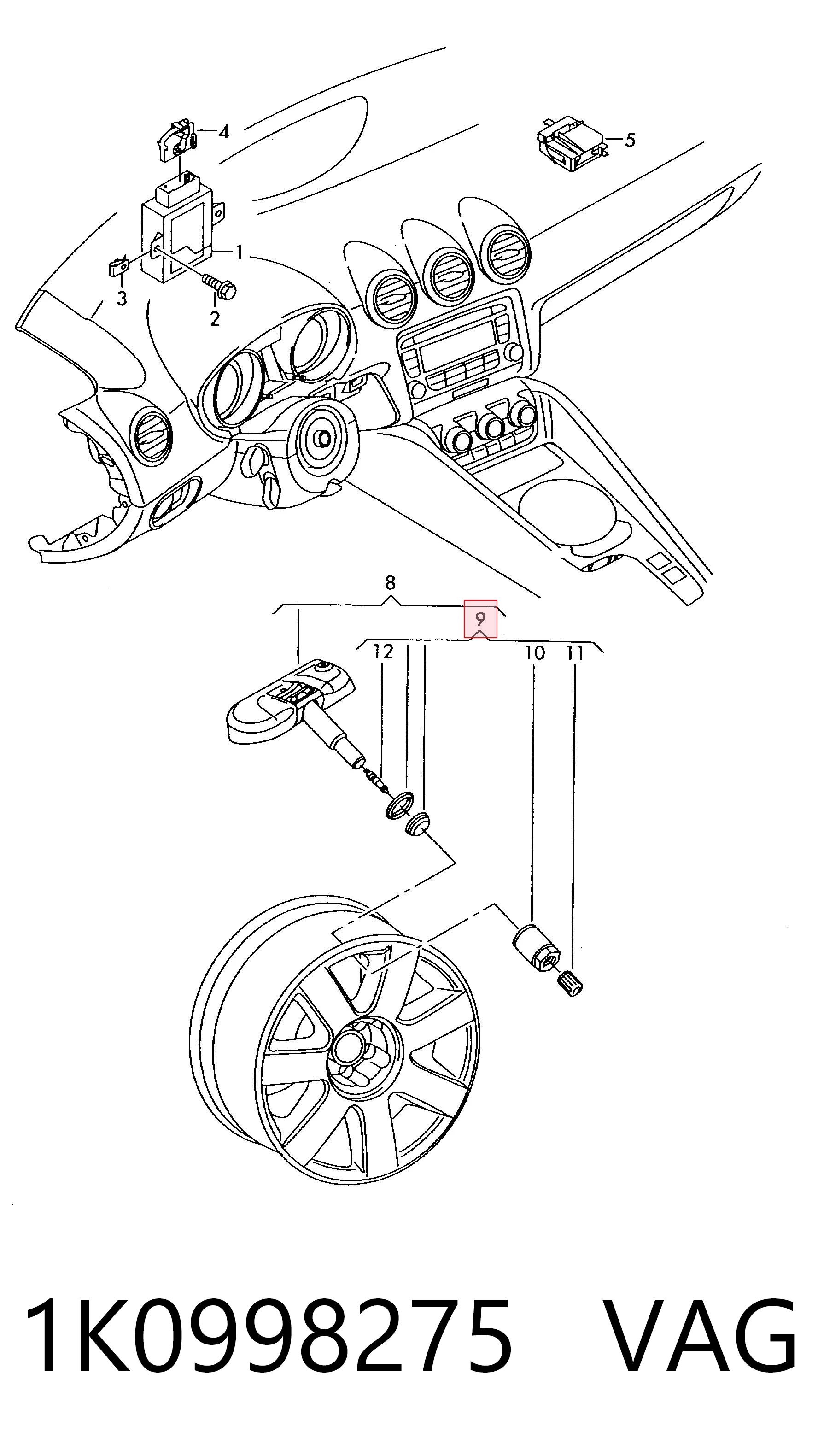 1K0998275 VAG Fixação de sensor de pressão de ar nos pneus