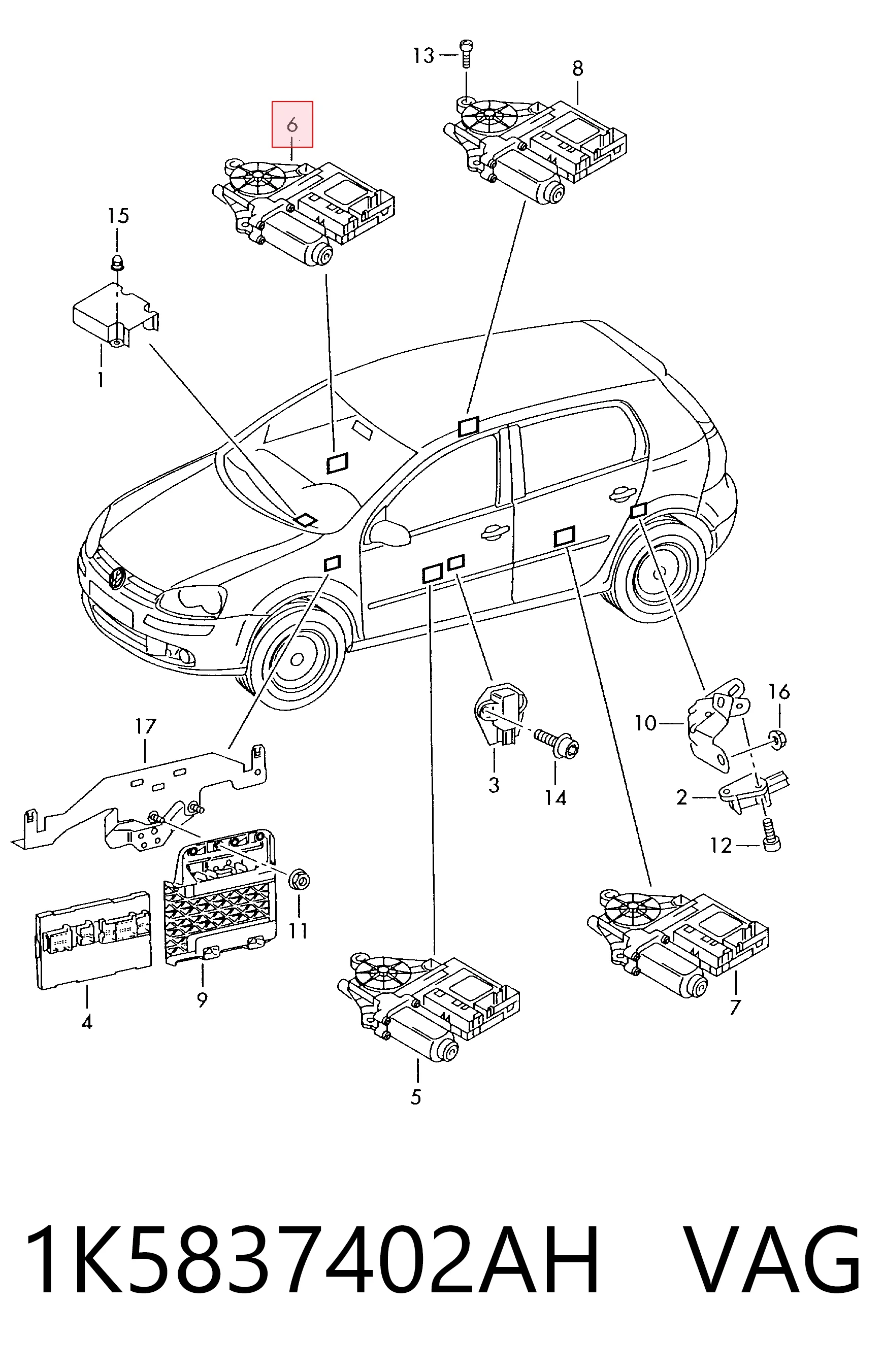 1K5837402AH VAG Motor de acionamento de vidro da porta dianteira direita