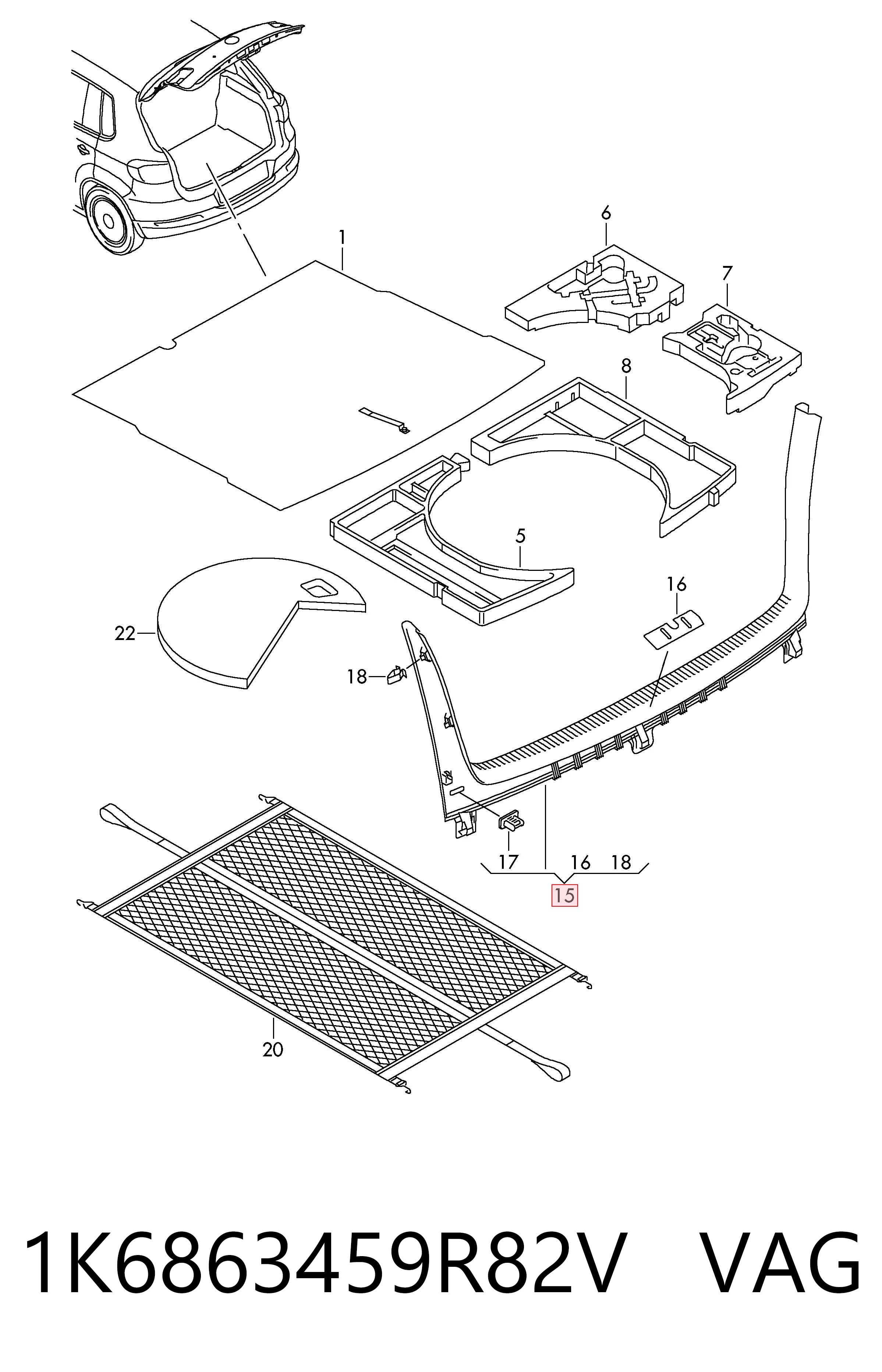 1K6863459R82V VAG Cobrimento de painel traseiro de porta-malas