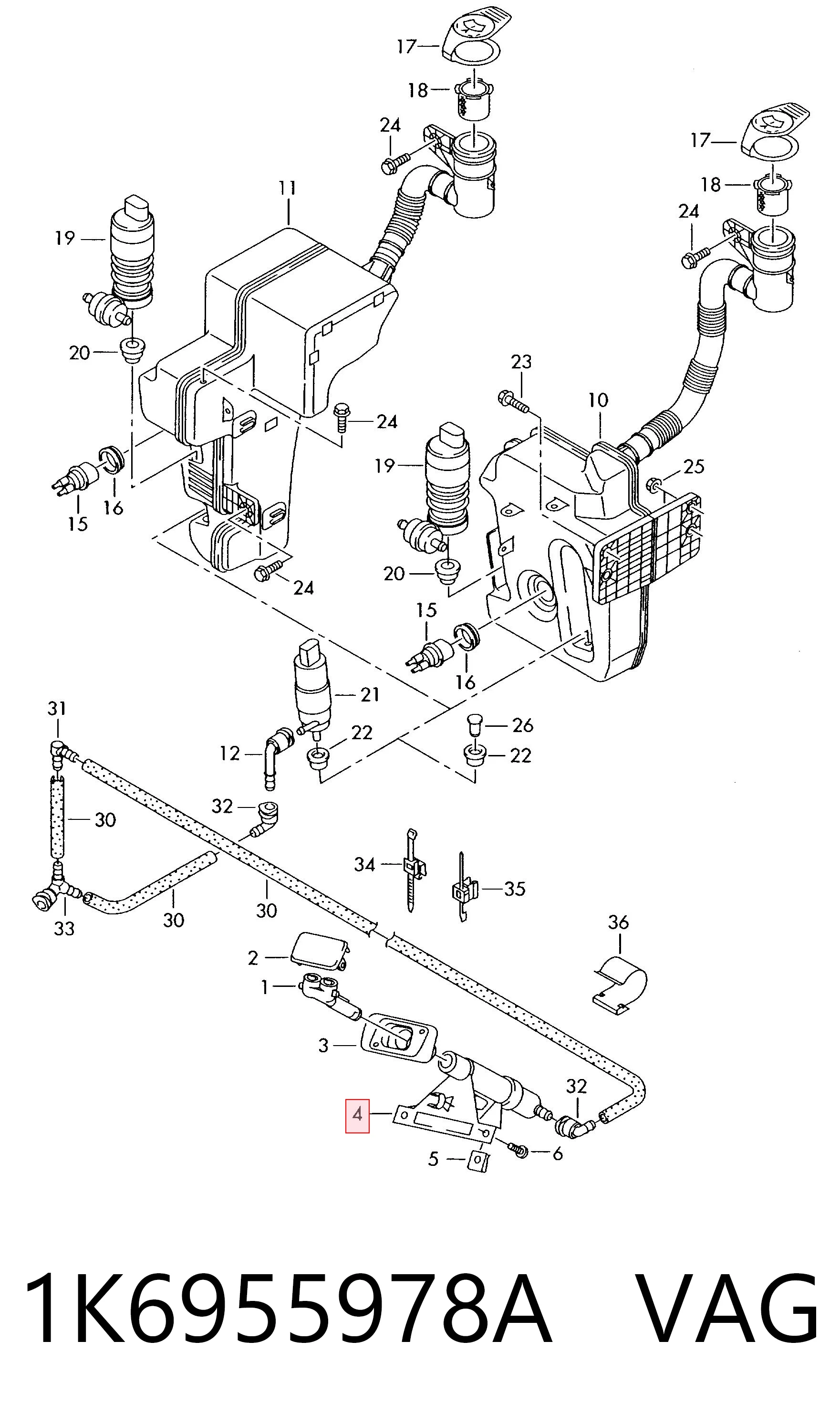 1K6955978A VAG Suporte do injetor de fluido para lavador das luzes (cilindro de elevação)