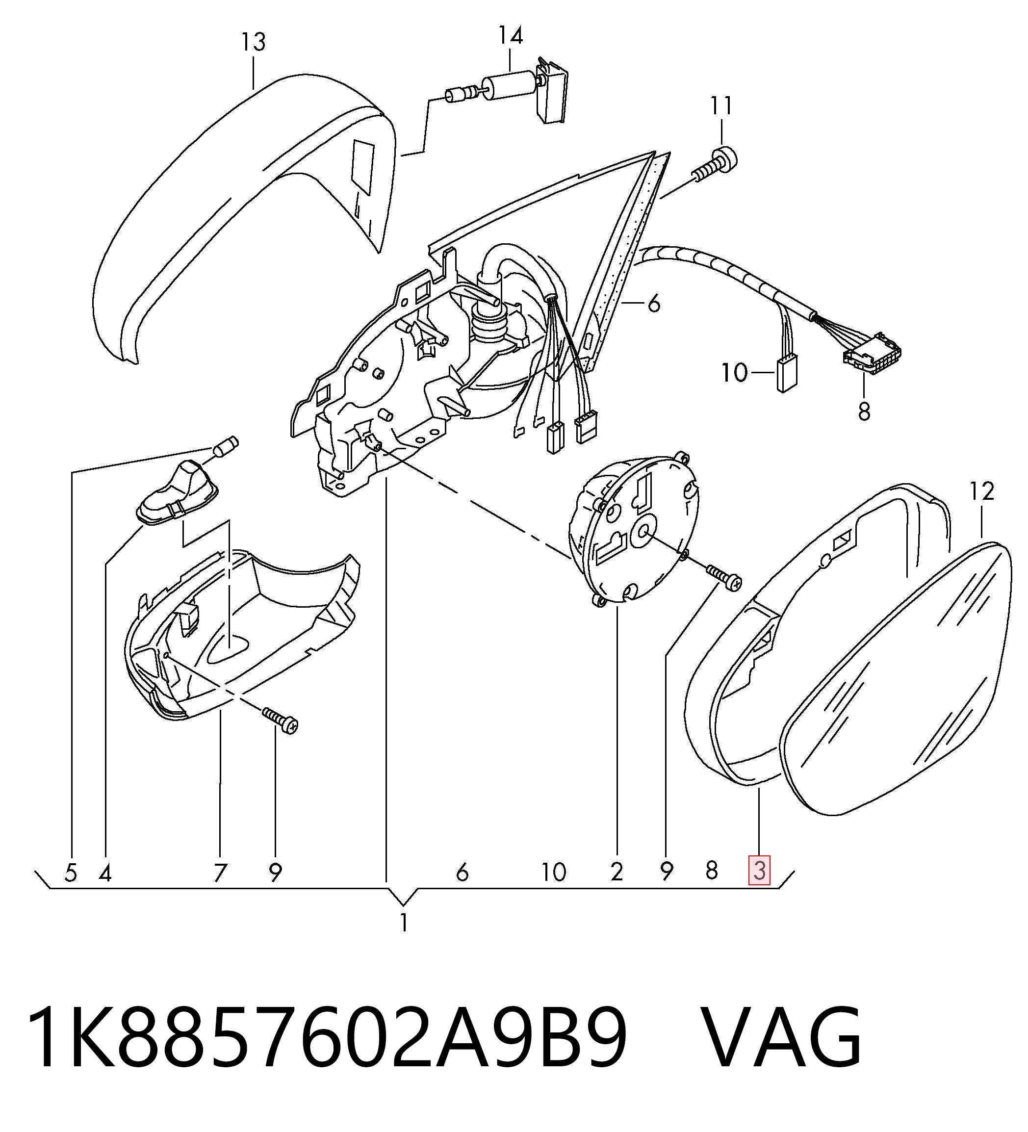 1K8857602A9B9 VAG Placa sobreposta (tampa) do espelho de retrovisão direito