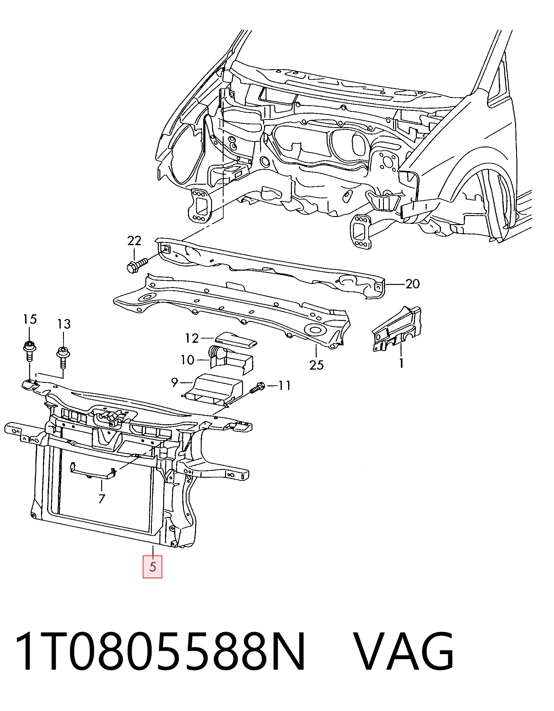 1T0805588N VAG Suporte do radiador montado (painel de montagem de fixação das luzes)