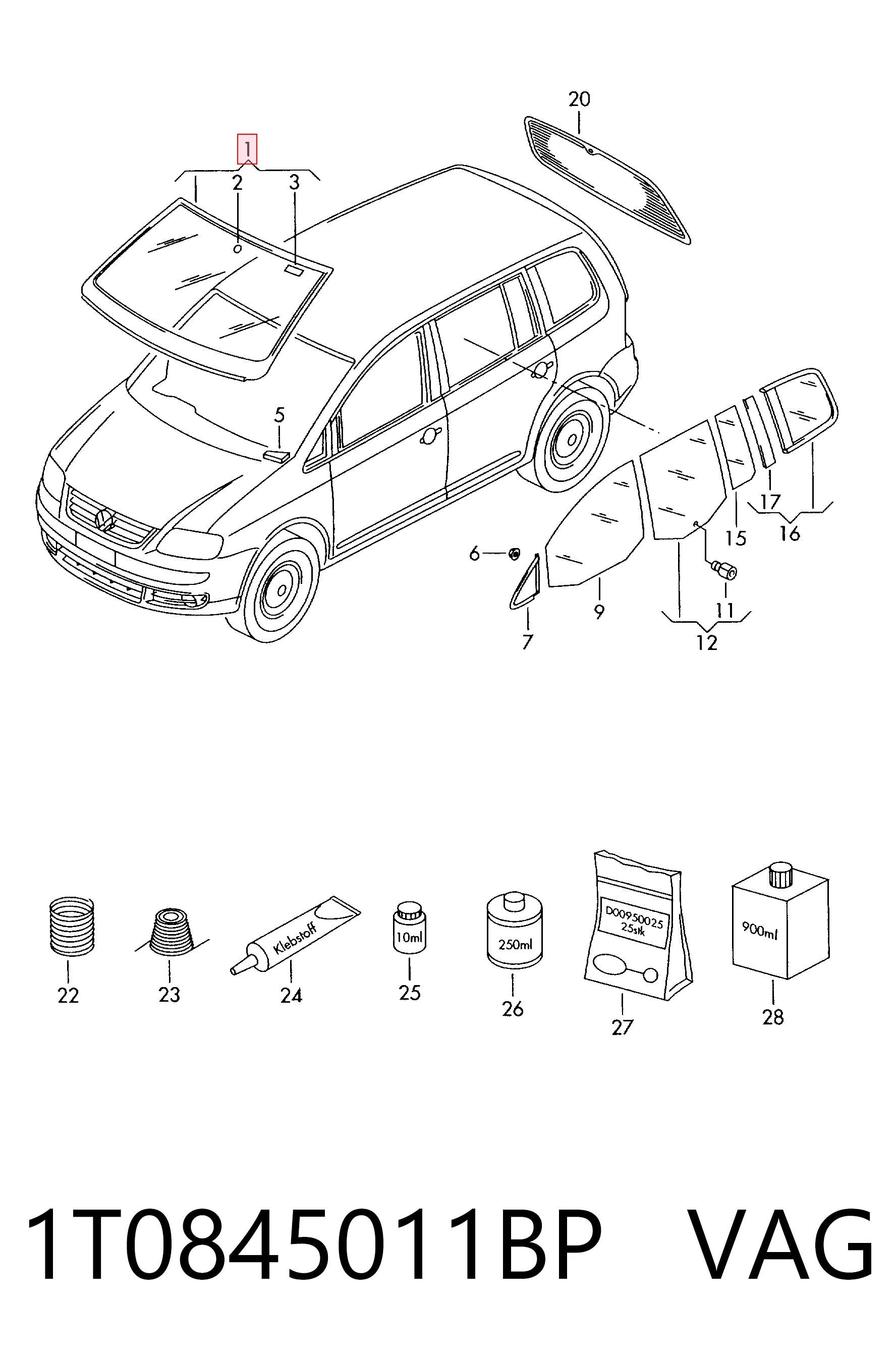 Pára-brisas para Volkswagen Touran I 1T1, 1T2