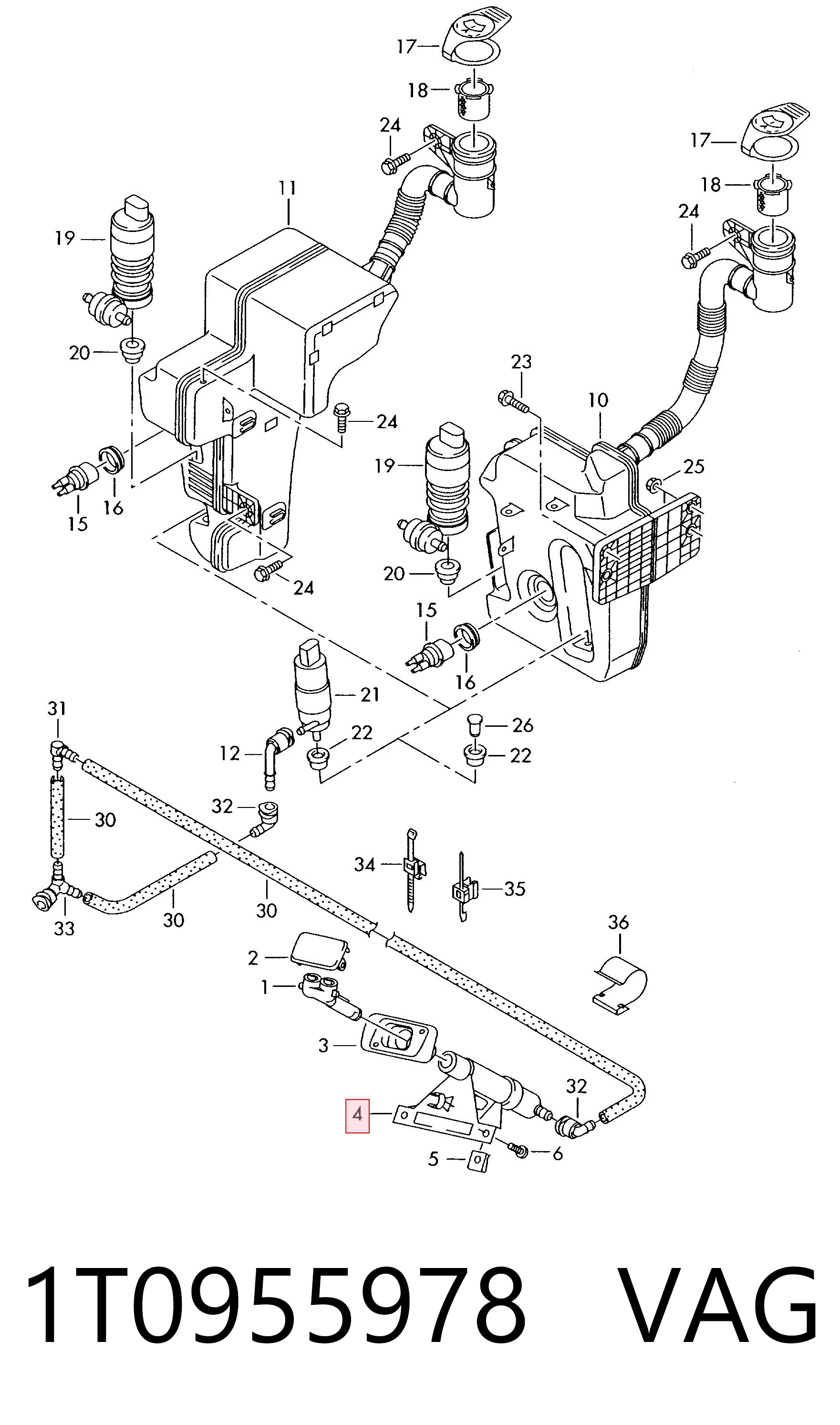 1T0955978 VAG Suporte do injetor de fluido para lavador das luzes (cilindro de elevação)