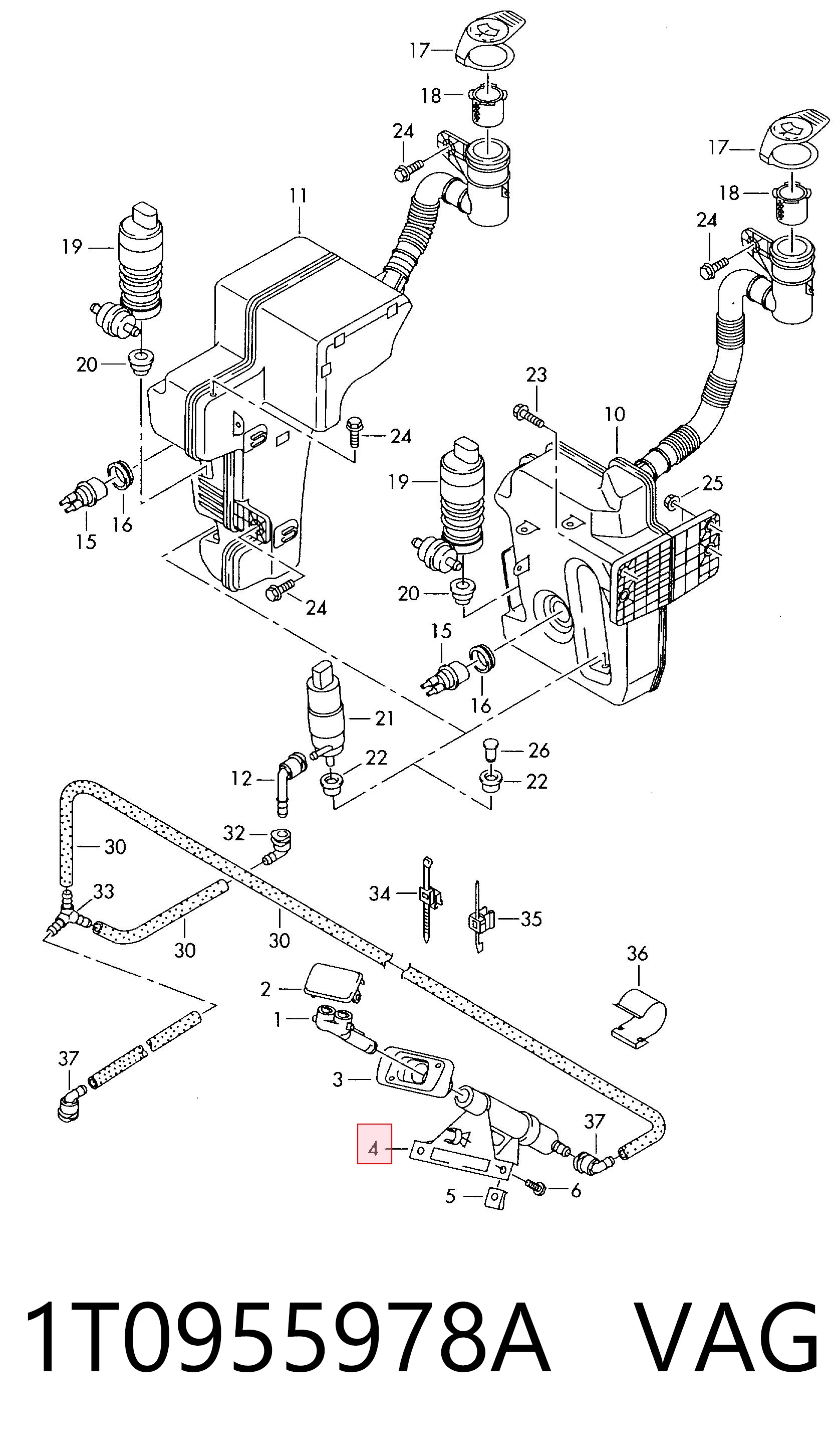 1T0955978A VAG Suporte do injetor de fluido para lavador das luzes (cilindro de elevação)