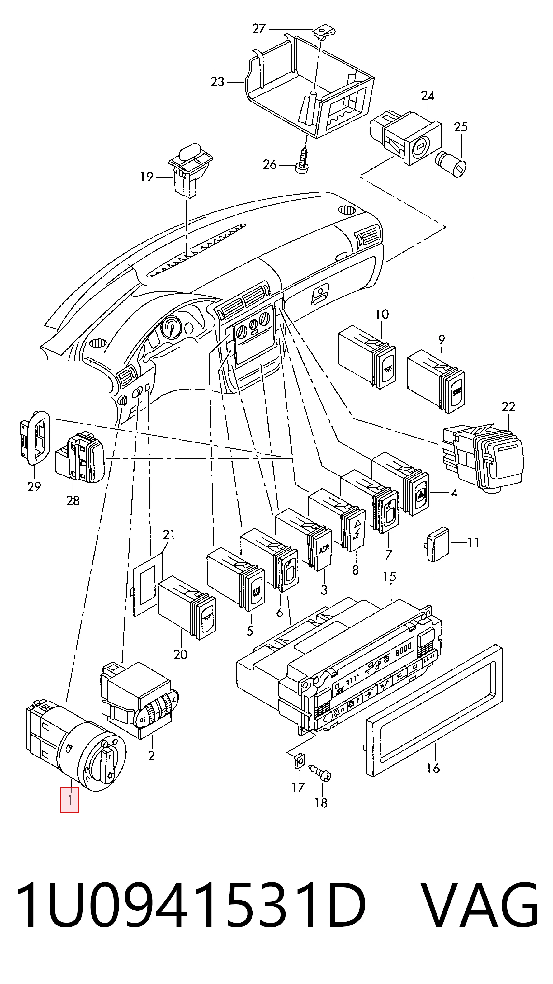 1U0941531D VAG Comutador das luzes no "painel de instrumentos"