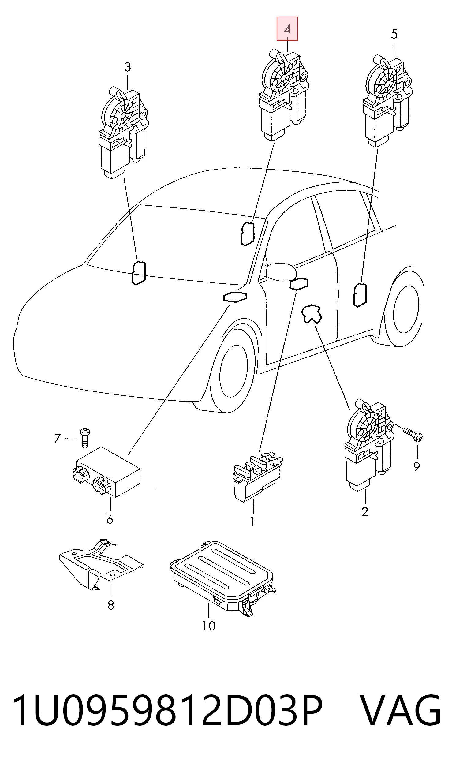 1U0959812D03P VAG Motor de acionamento de vidro da porta traseira direita