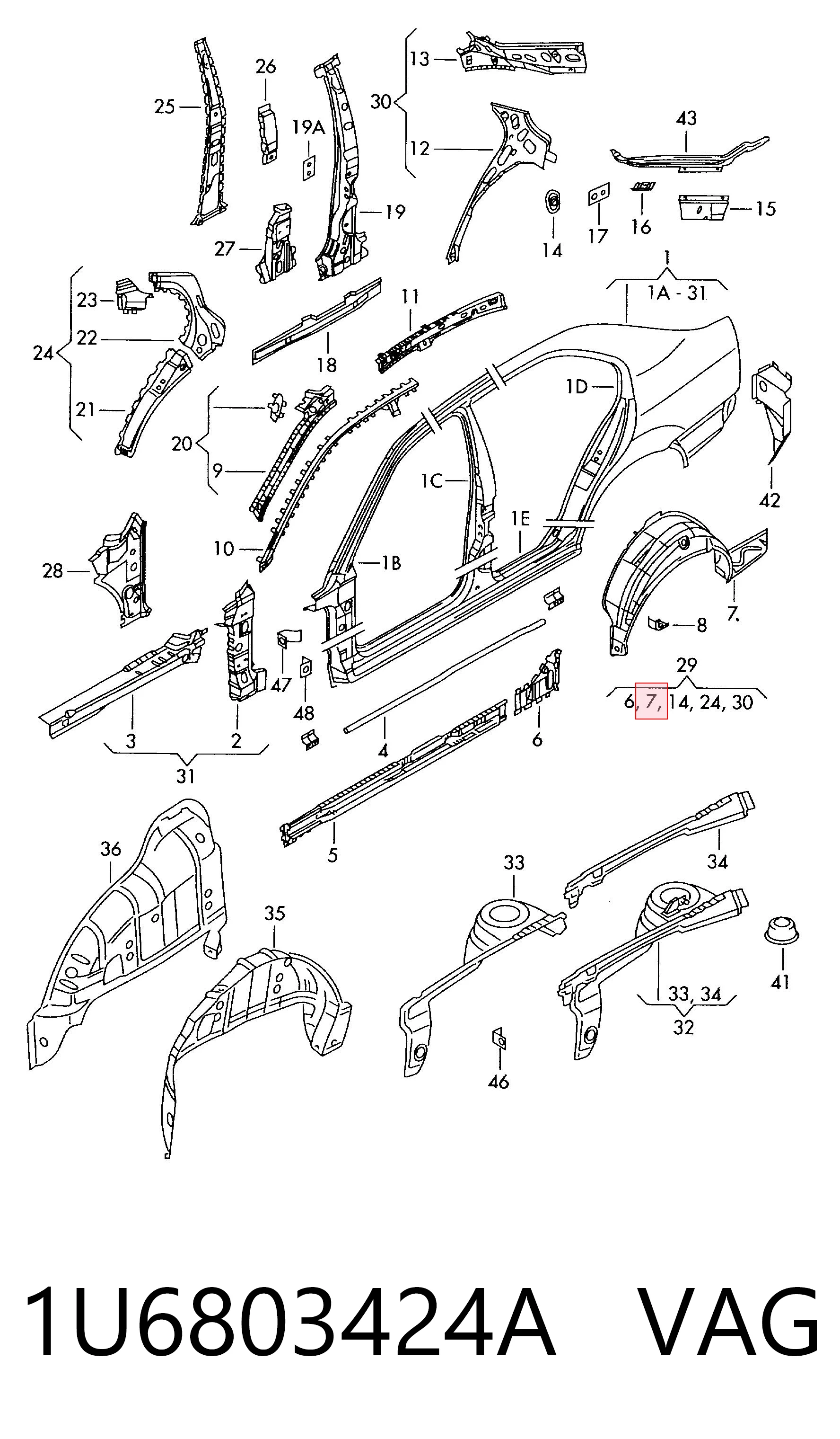 1U6803424A VAG Arco do pára-lama traseiro direito