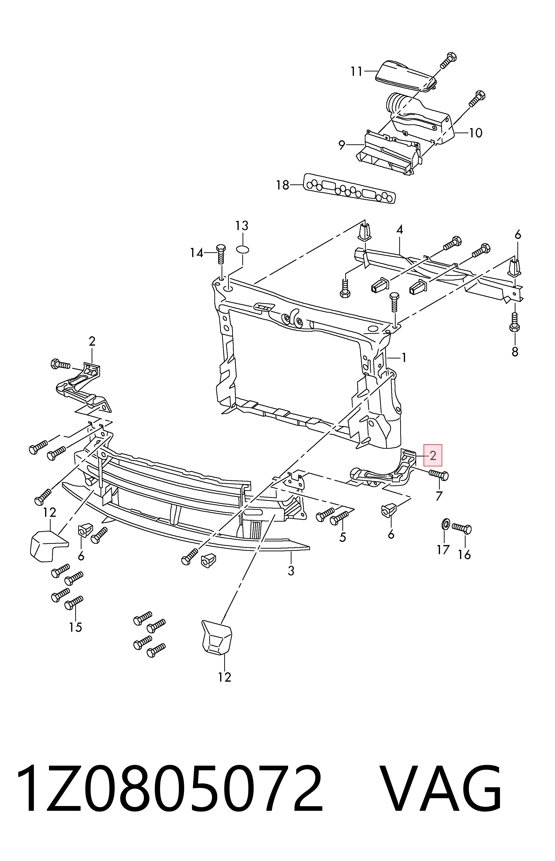 1Z0805072 VAG Suporte direito do radiador (painel de montagem de fixação das luzes)