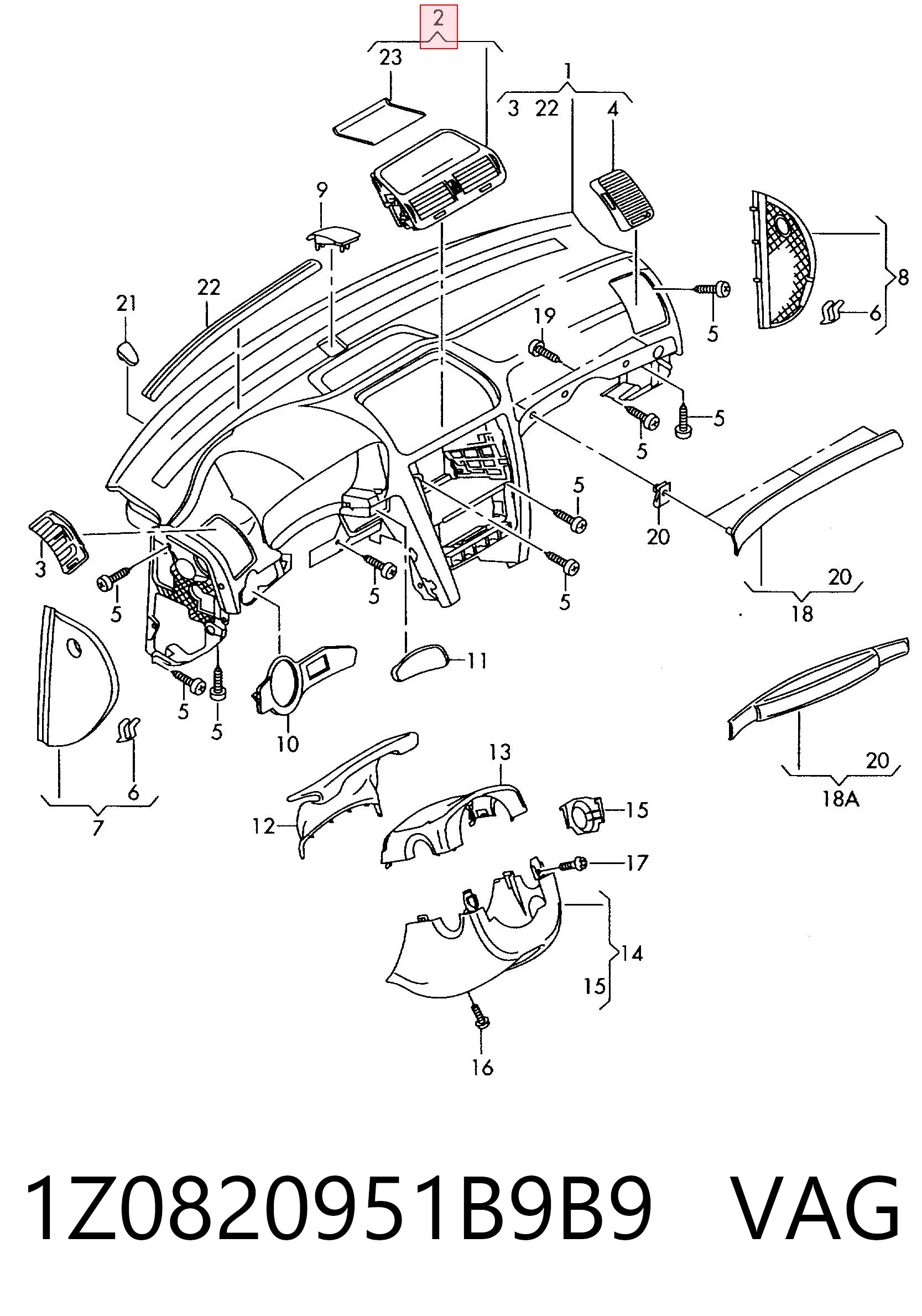 1Z0820951B9B9 VAG Conduto de ar (distribuidor de ar para "painel de instrumentos") central