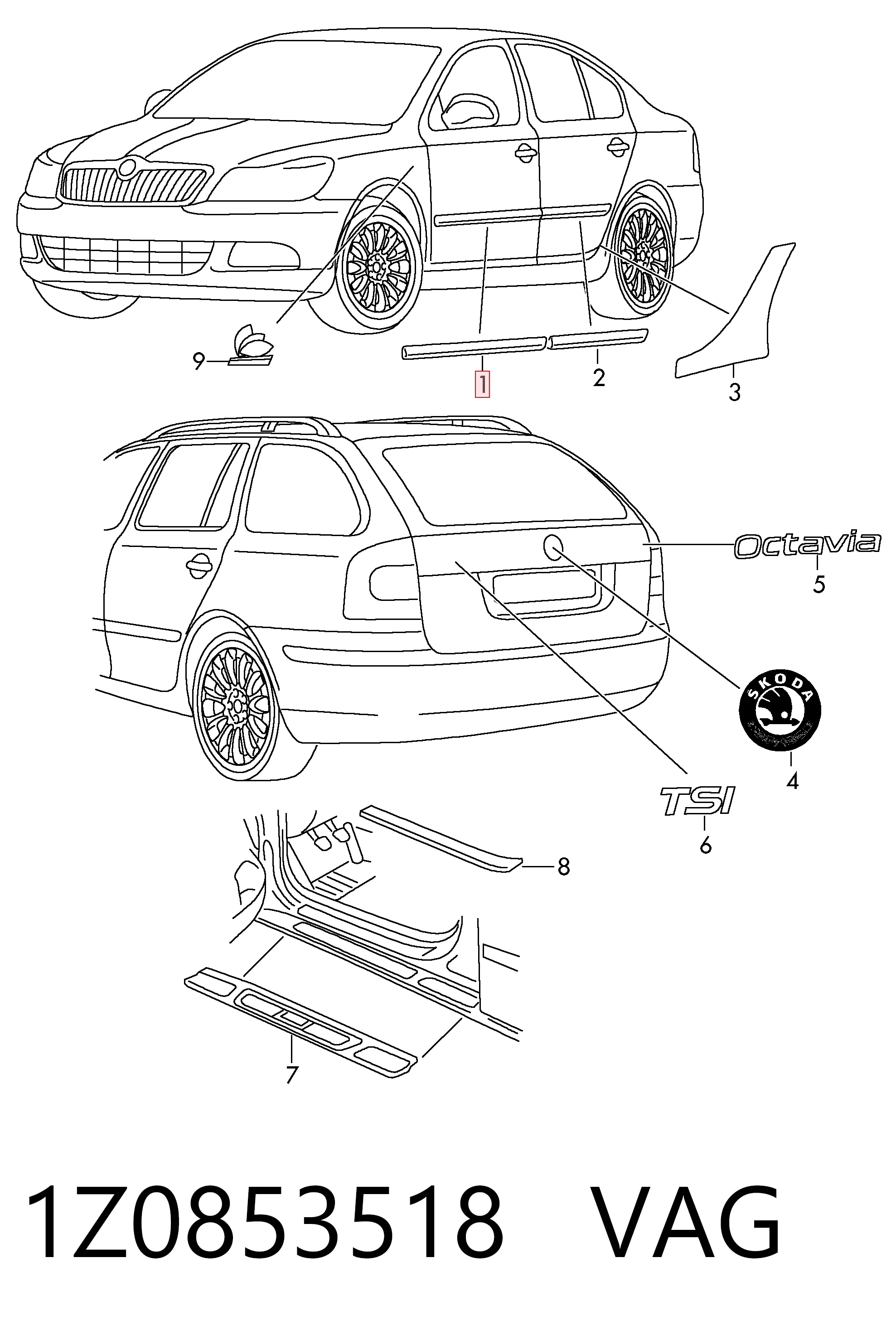 1Z0853518 VAG Moldura da porta dianteira direita