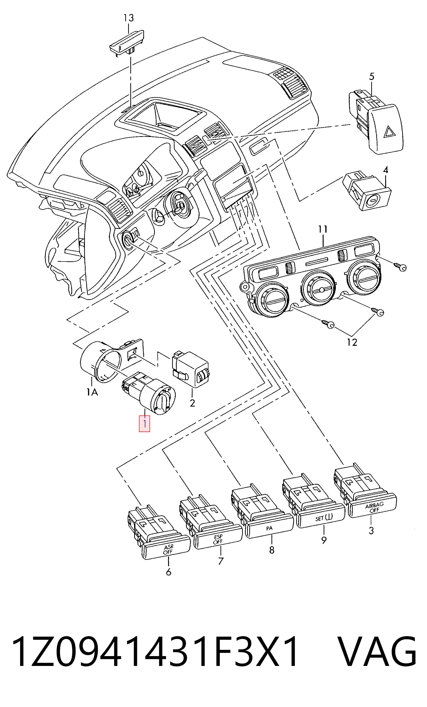 1Z0941431F3X1 VAG Comutador das luzes no "painel de instrumentos"