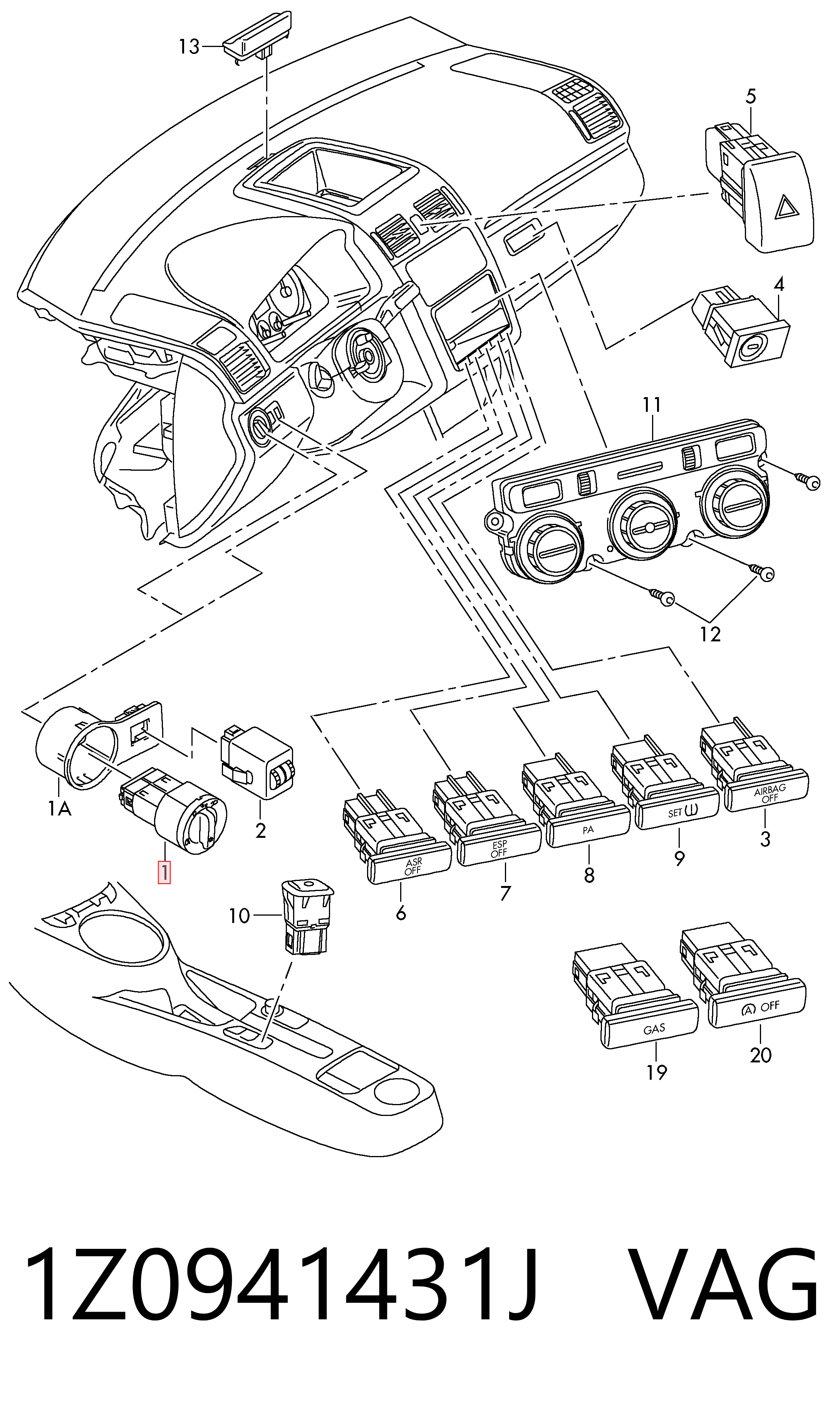 1Z0941431J VAG Comutador das luzes no "painel de instrumentos"