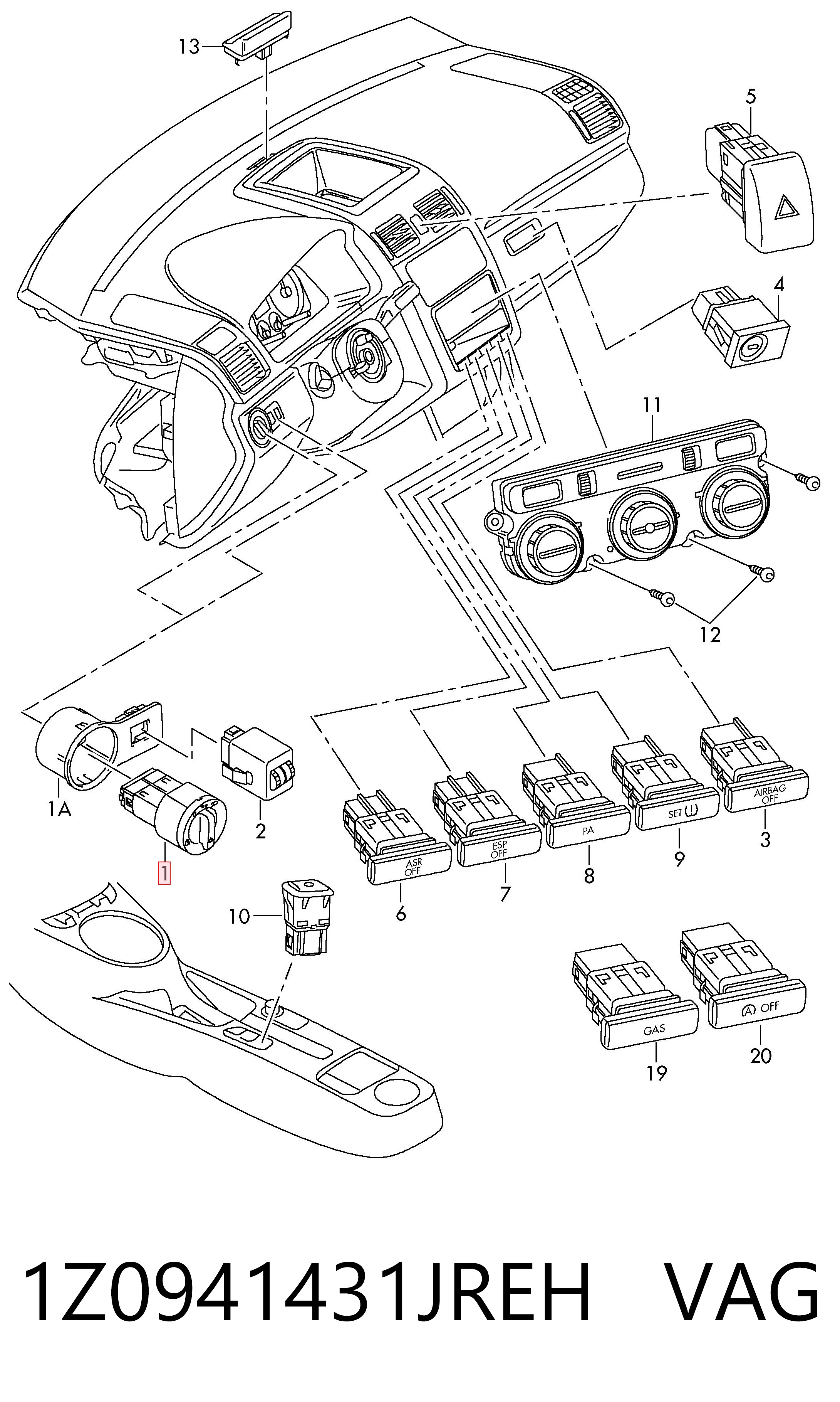 1Z0941431JREH VAG Comutador das luzes no "painel de instrumentos"