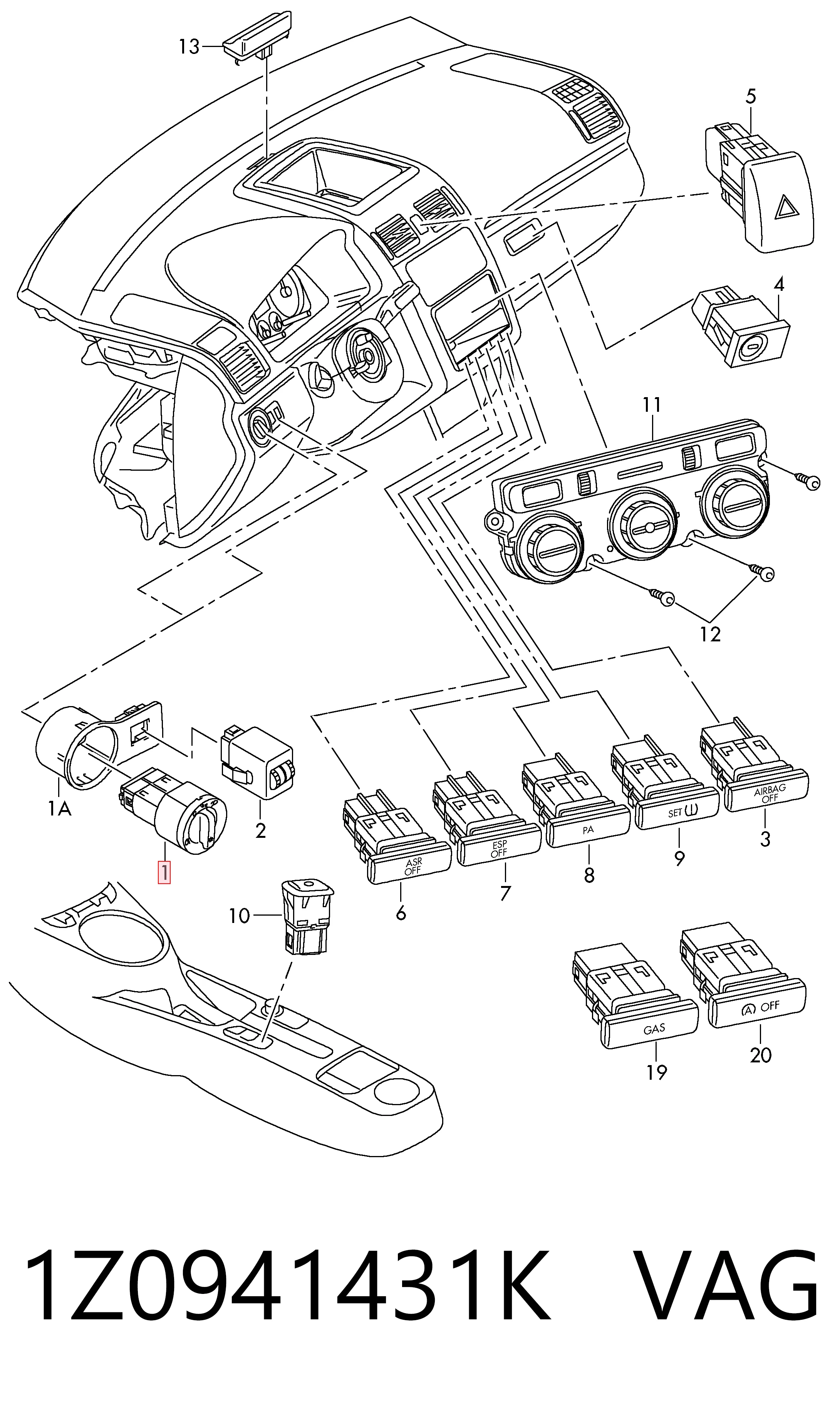 1Z0941431K VAG Comutador das luzes no "painel de instrumentos"
