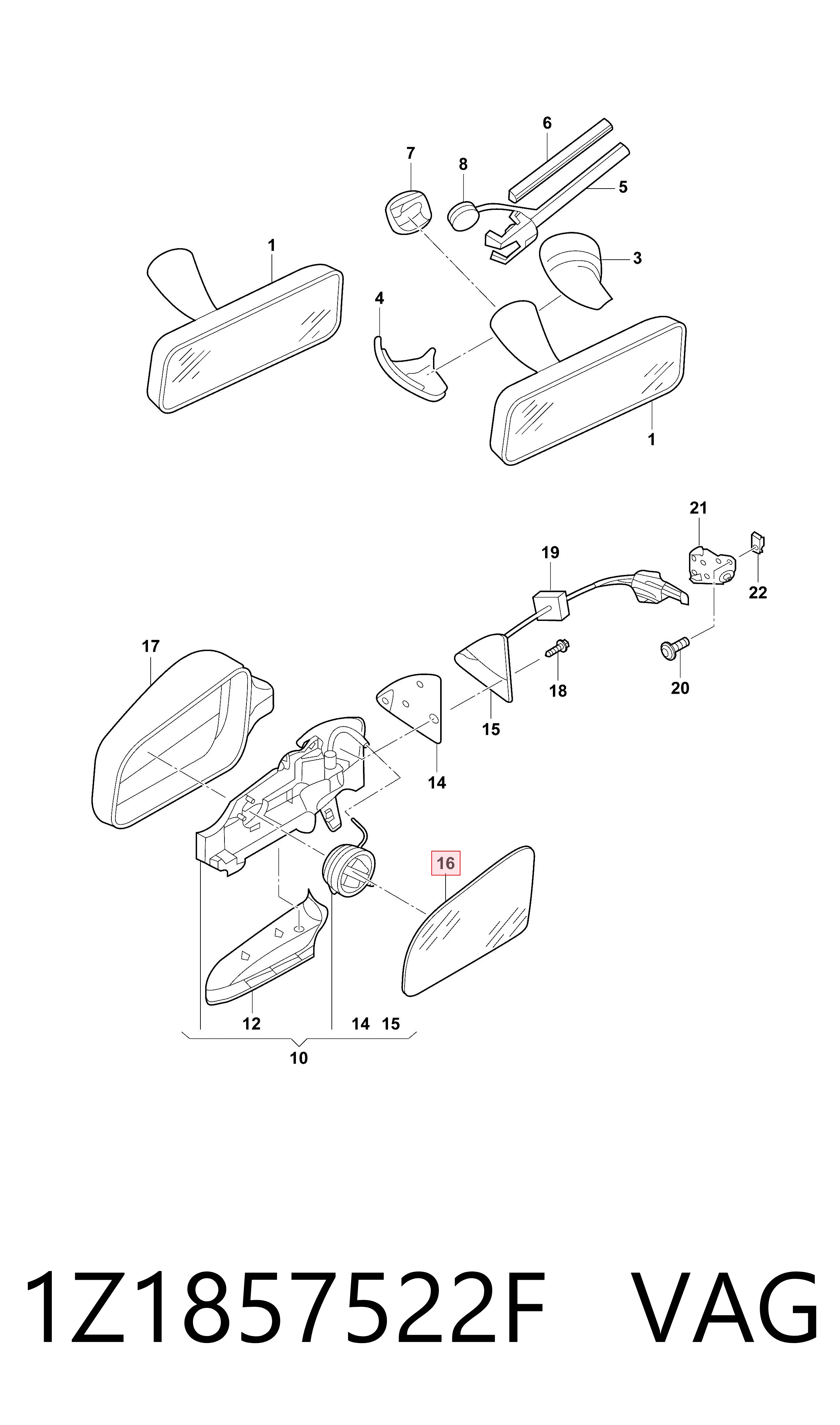 1Z1857522F VAG Elemento espelhado do espelho de retrovisão direito