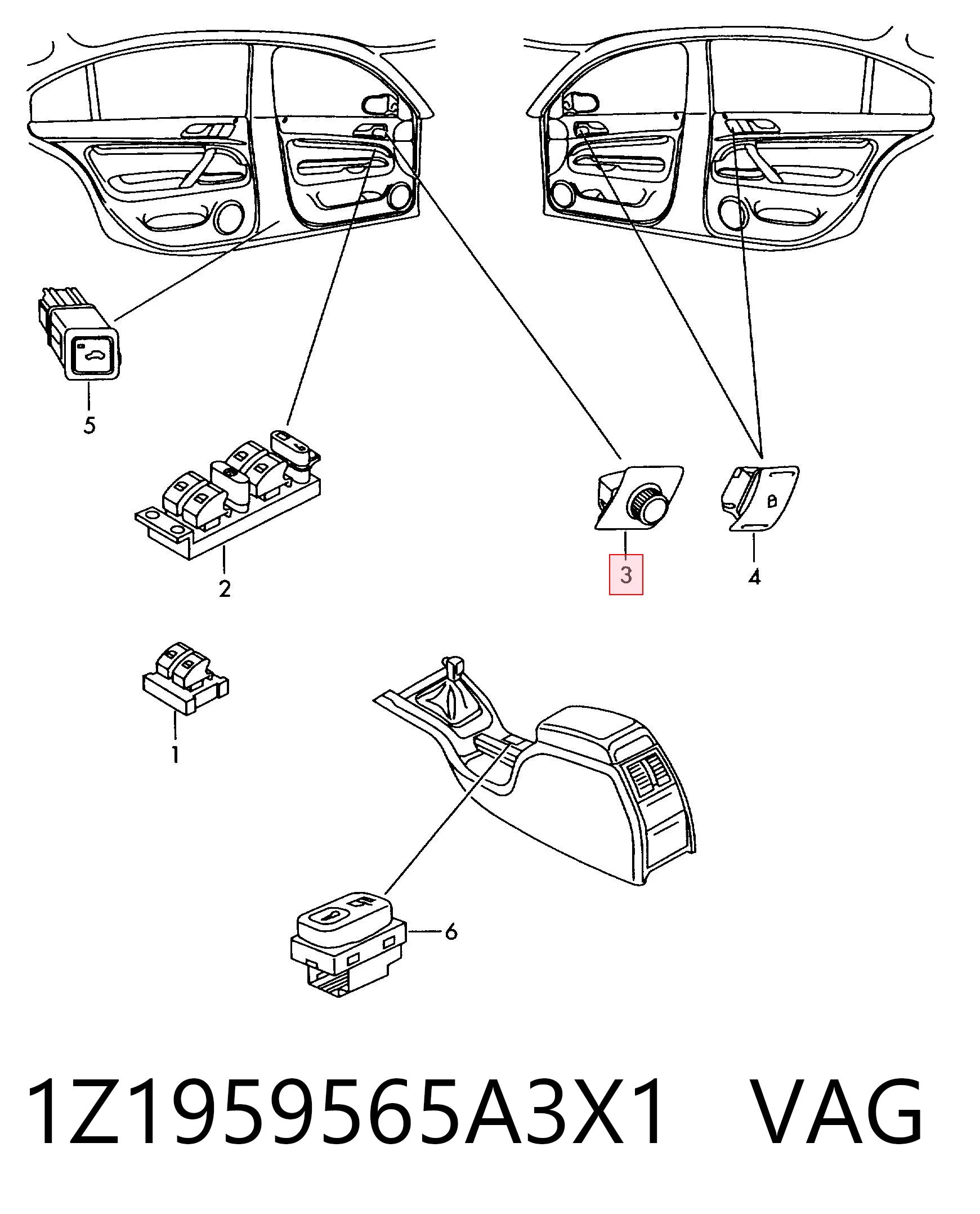 1Z1959565A3X1 VAG Unidade de controlo dos espelhos de retrovisão, na porta