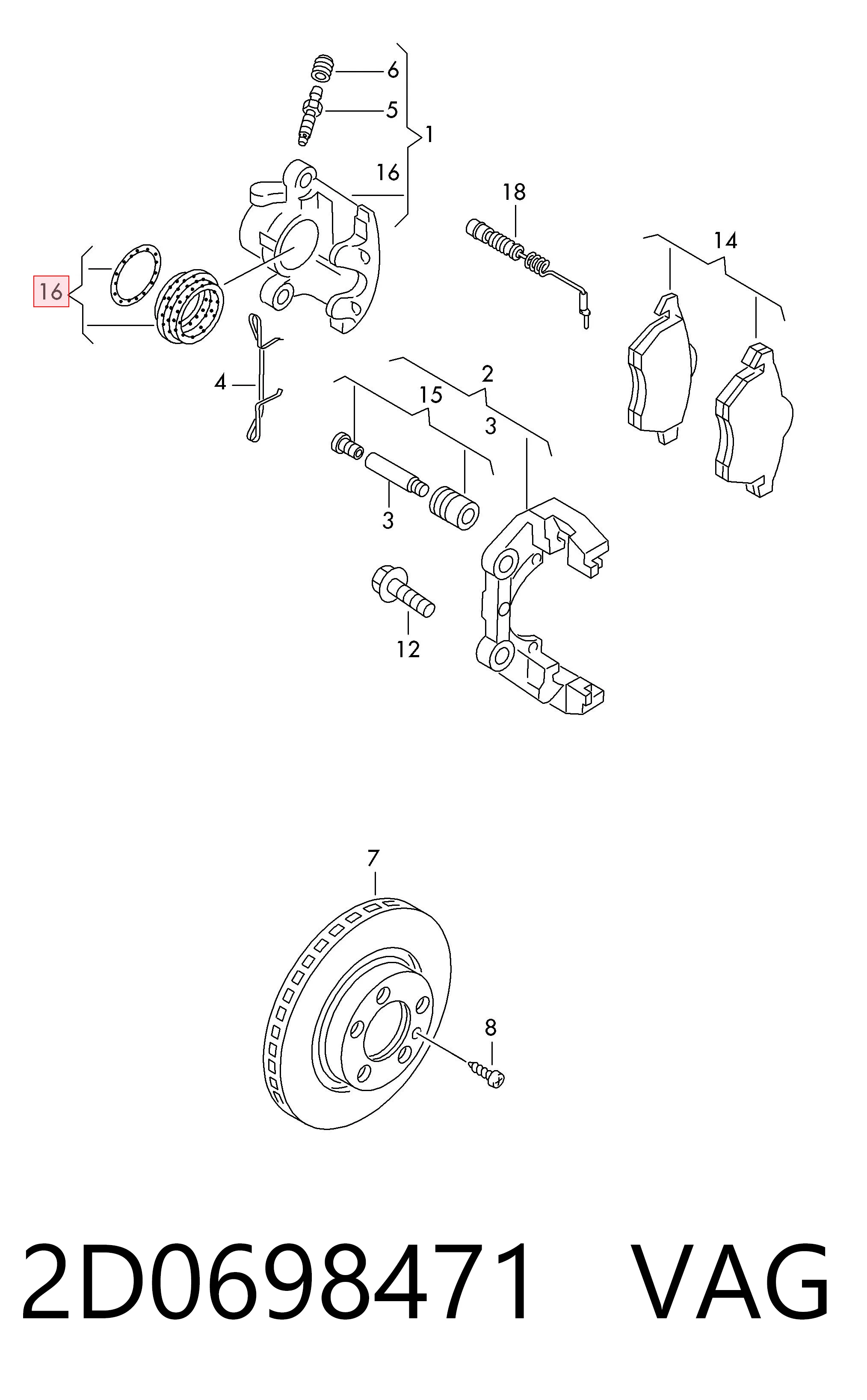 2D0698471 VAG Kit de reparação de suporte do freio dianteiro