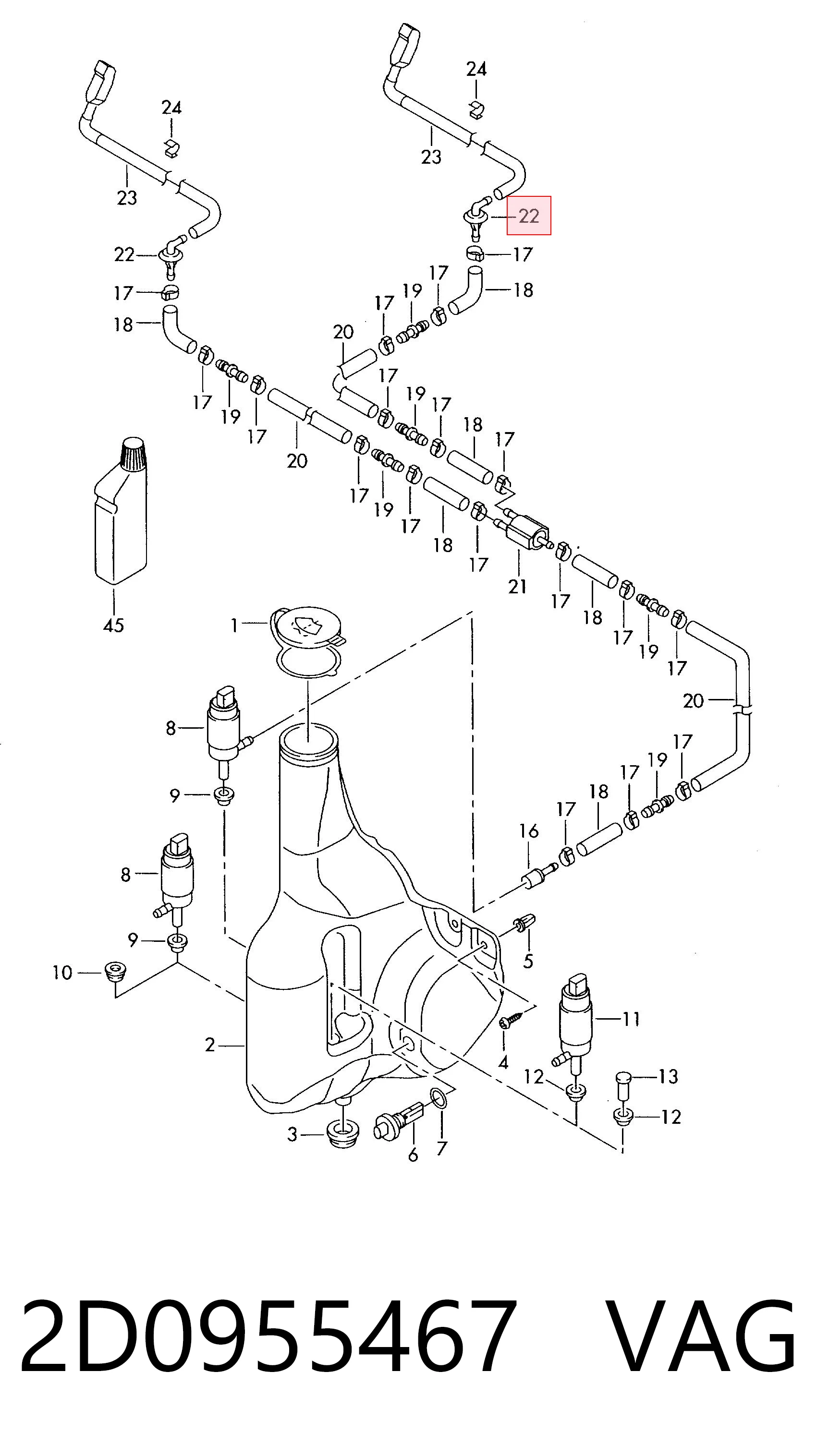 2D0955467 VAG Tubo de ligação de tubos de fluido para lavador