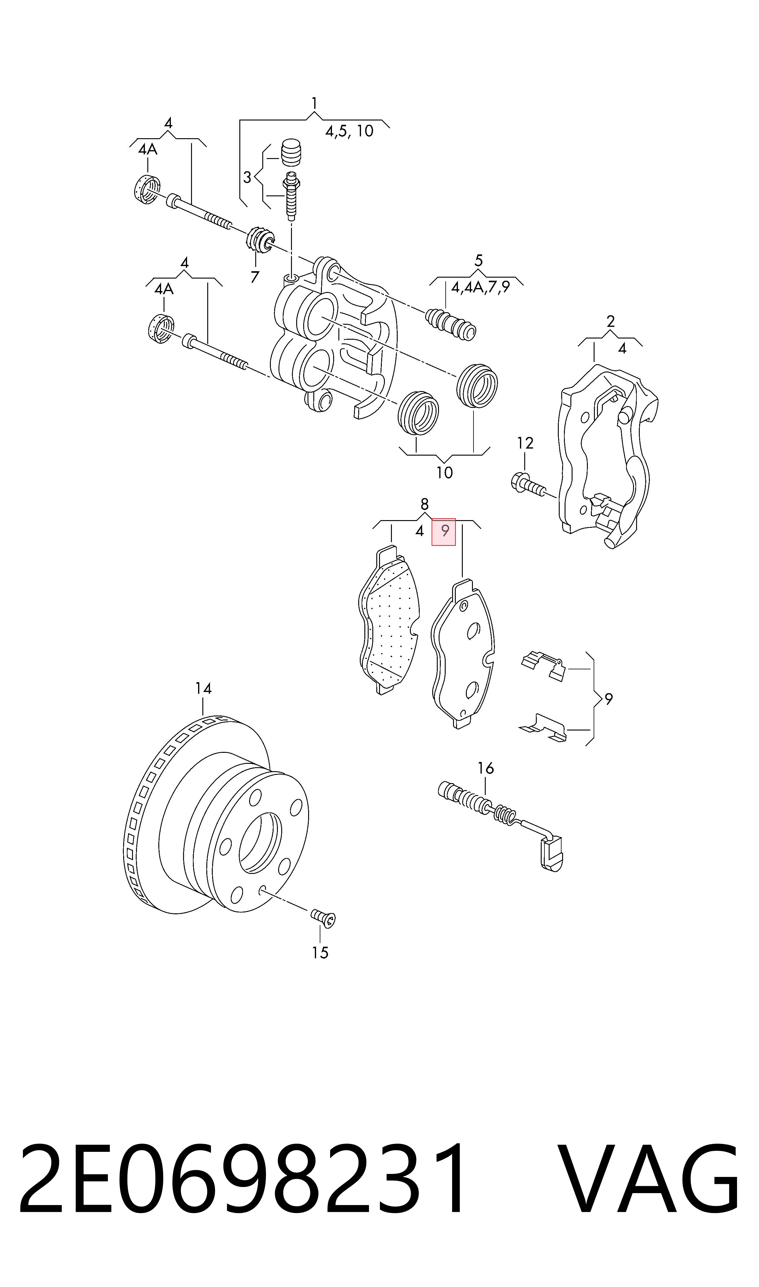 2E0698231 VAG Kit de molas de fixação de sapatas de disco dianteiras