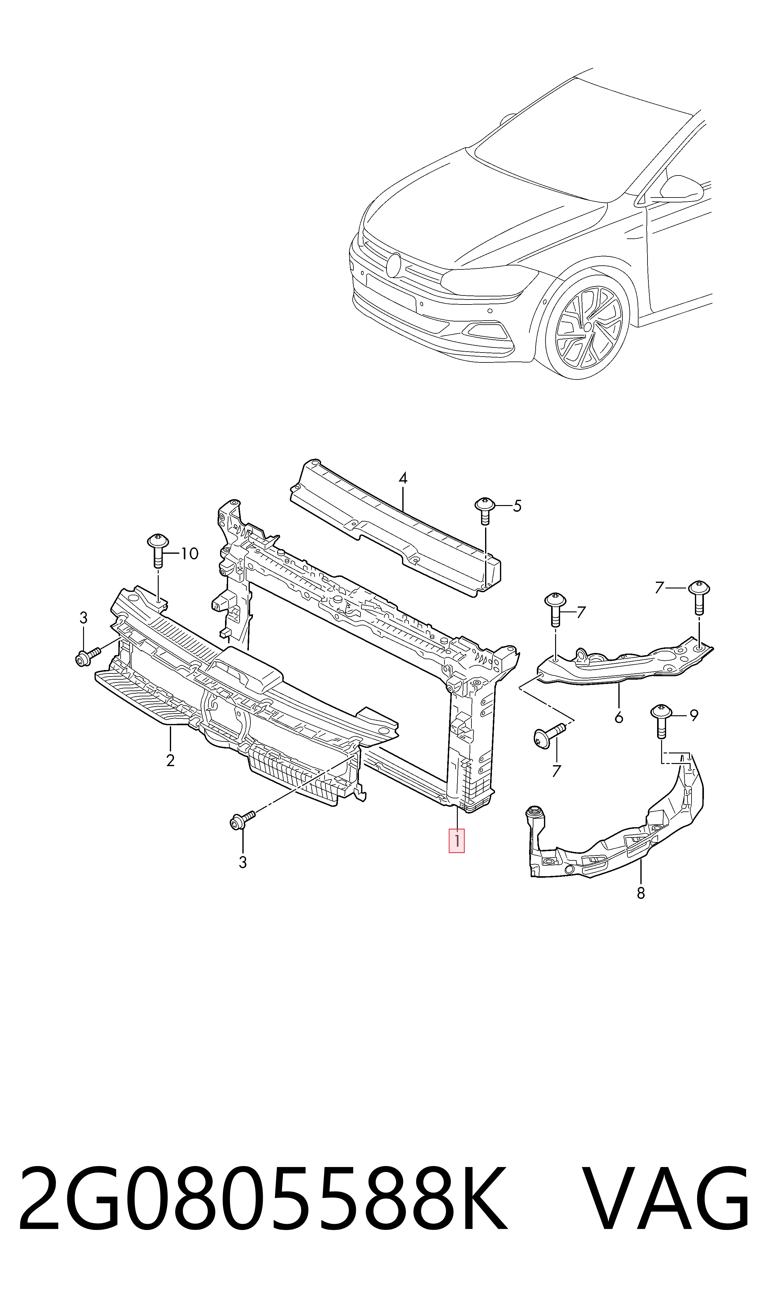 Suporte do radiador montado (painel de montagem de fixação das luzes) para Volkswagen Polo AW1, BZ1, AE1