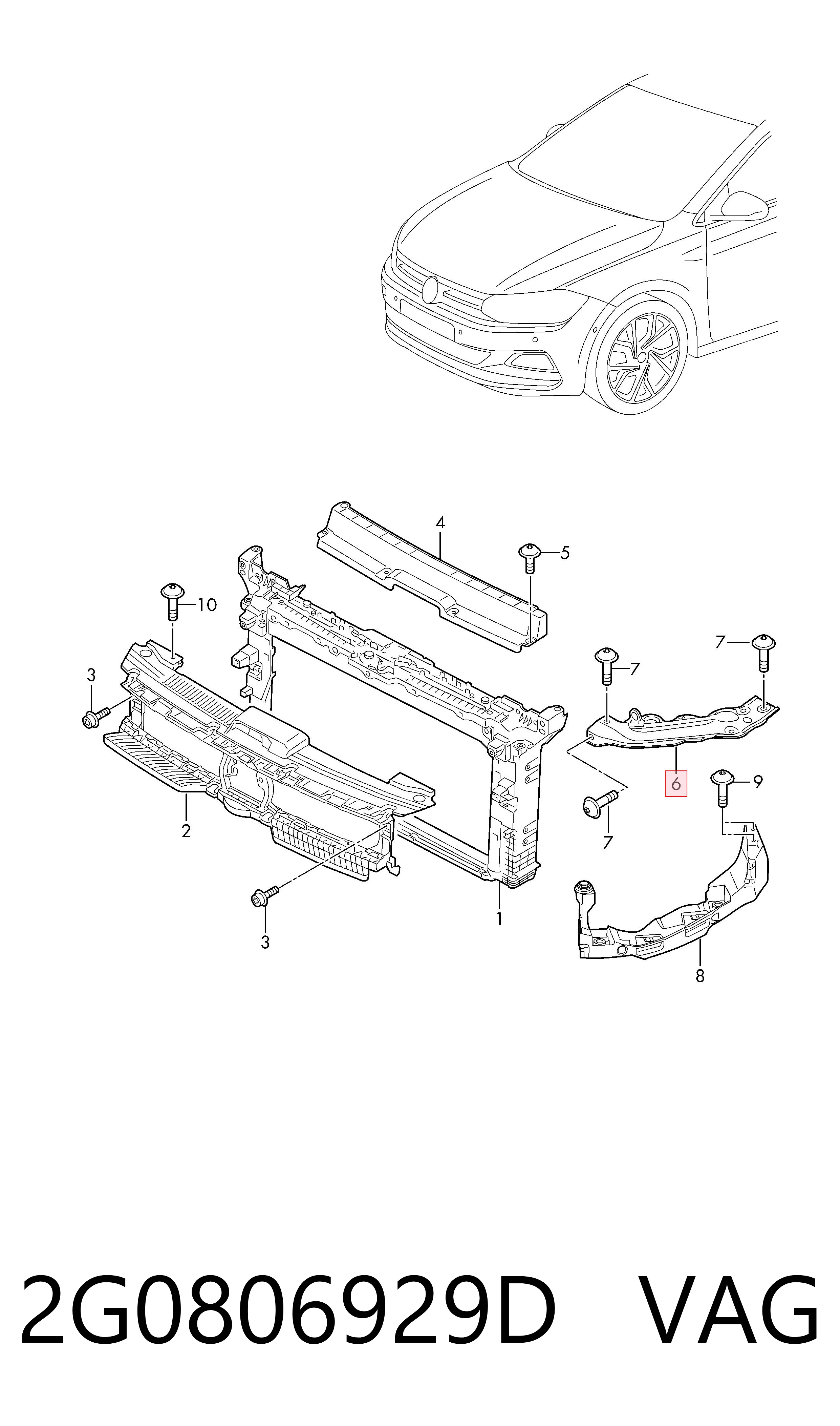 Suporte inferior do radiador (painel de montagem de fixação das luzes) 2G0806929D VAG