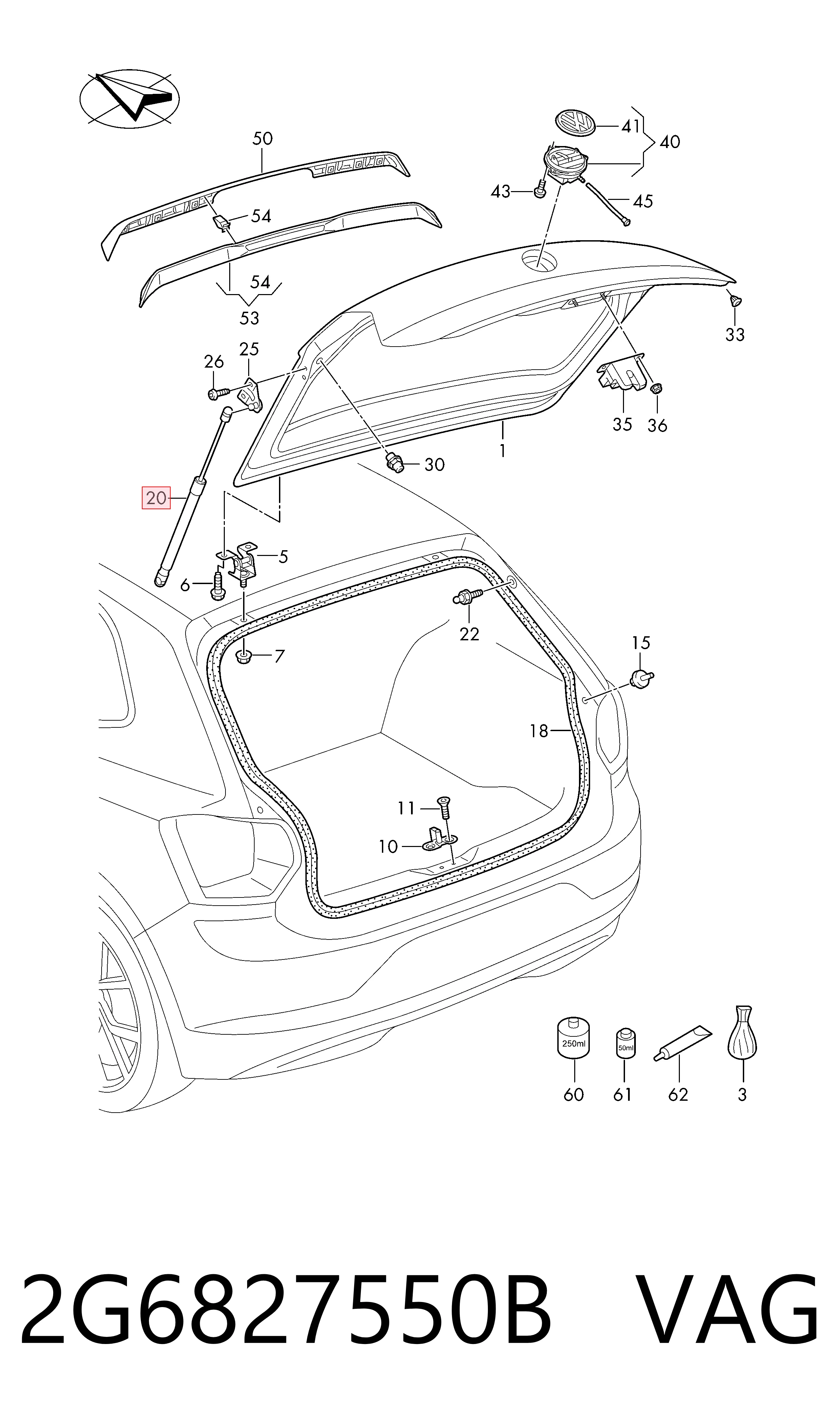 Amortecedor de tampa de porta-malas (de 3ª/5ª porta traseira) 2G6827550B VAG