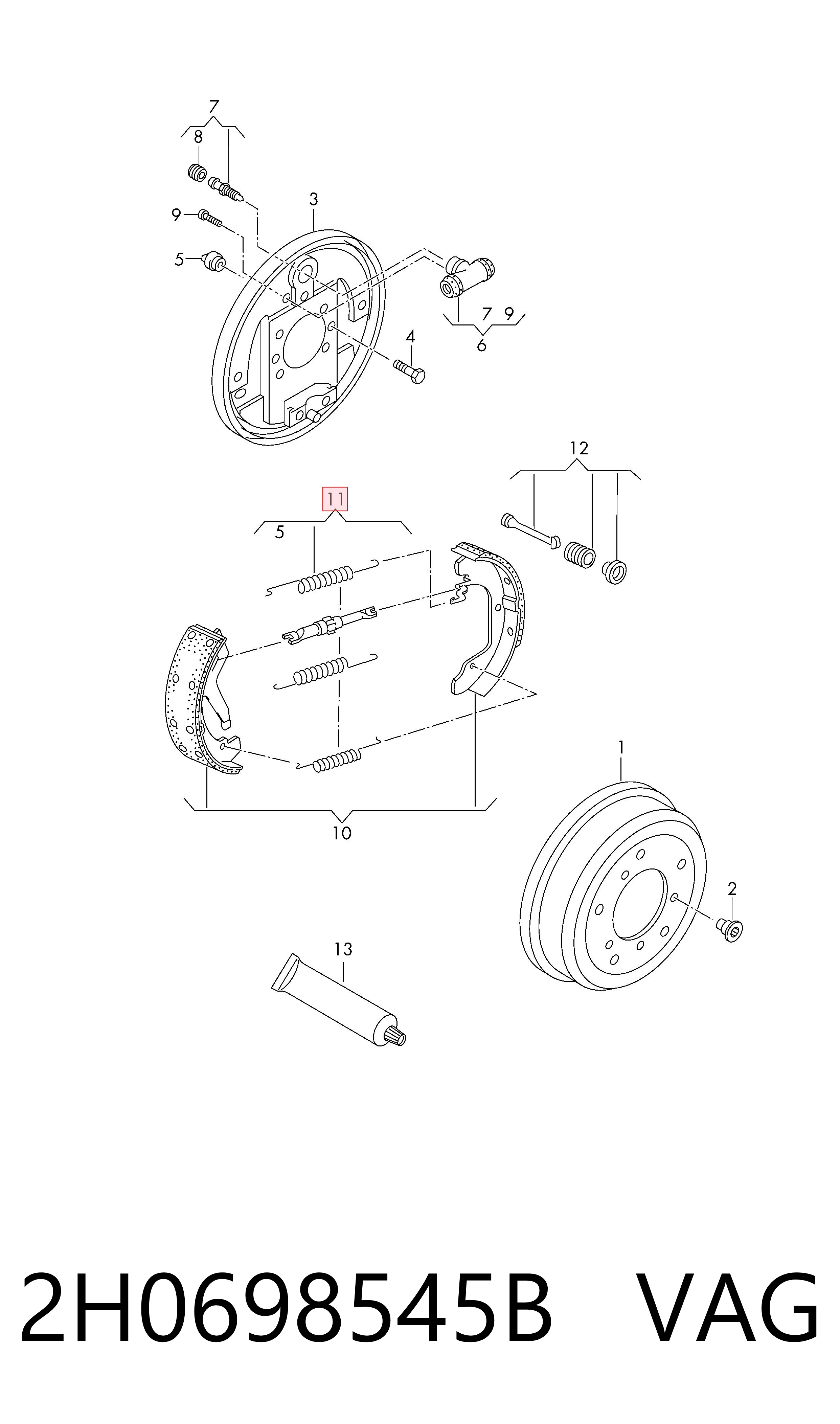 2H0698545B VAG Kit de montagem das sapatas traseiras de tambor