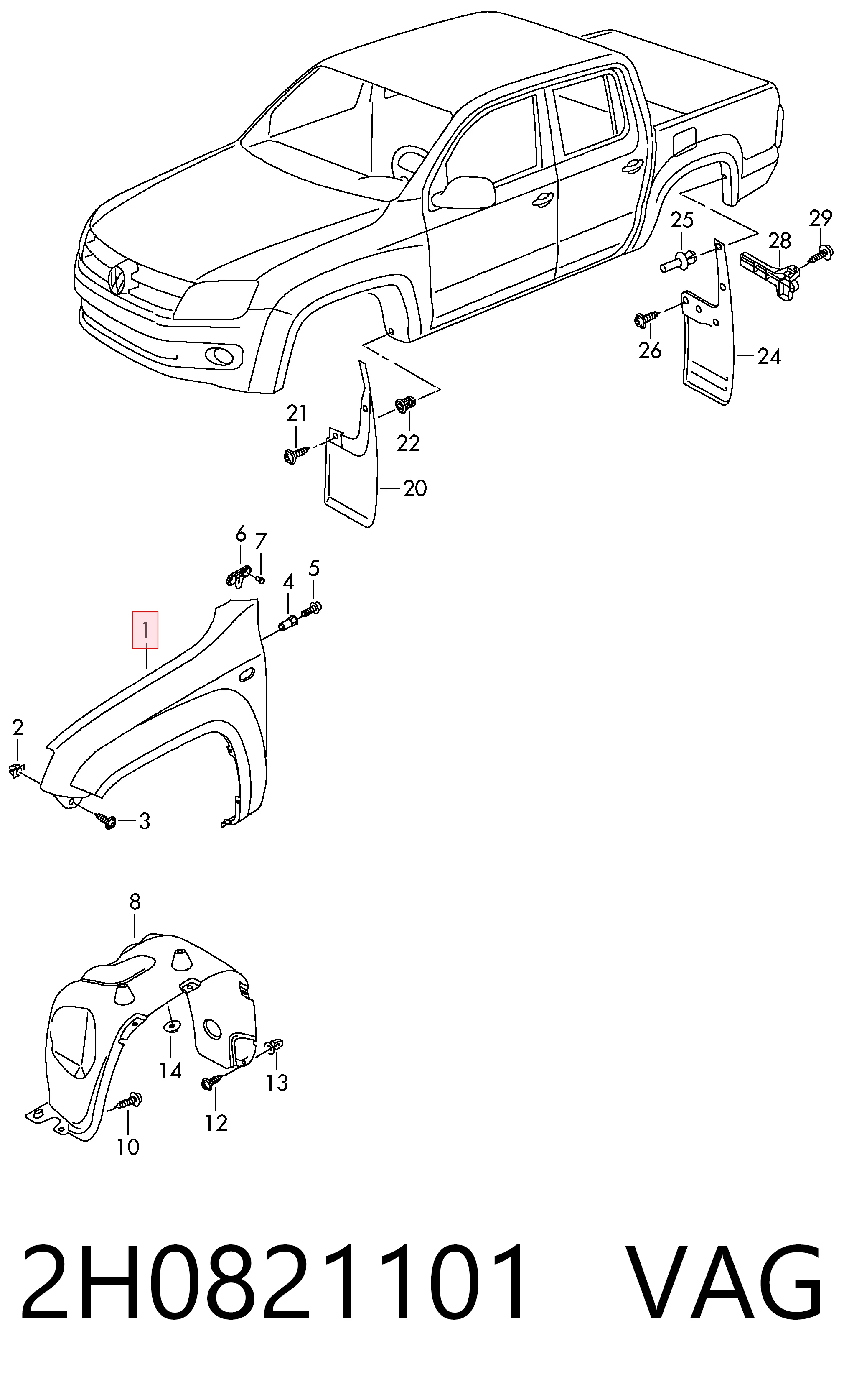 Pára-lama dianteiro esquerdo para Volkswagen AMAROK  2HA, 2HB, S1B, S6B, S7A, S7B