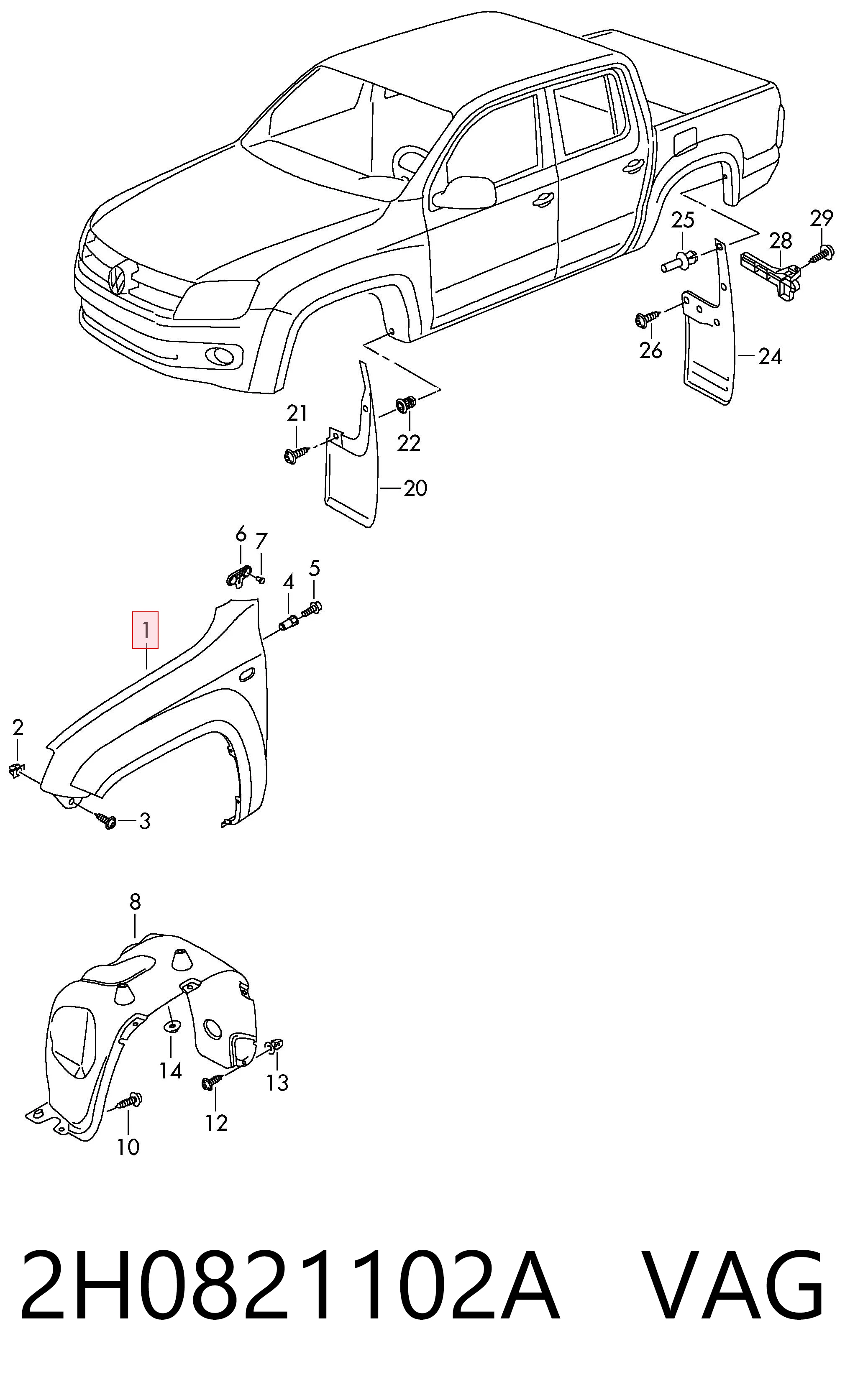 Pára-lama dianteiro direito para Volkswagen AMAROK  2HA, 2HB, S1B, S6B, S7A, S7B