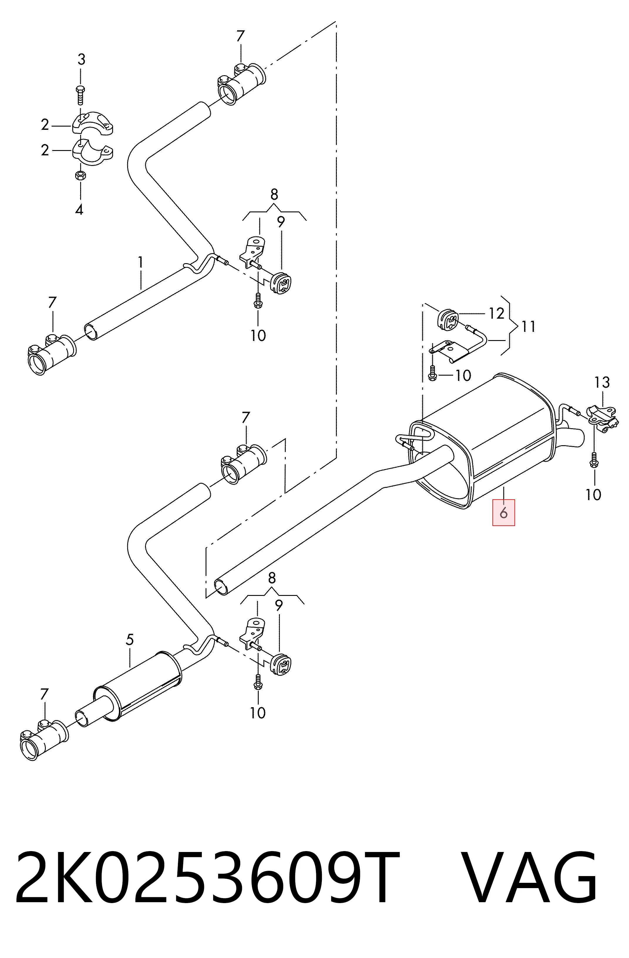 Silenciador, parte traseira para Volkswagen Caddy 2KB, 2KJ, 2CB, 2CJ