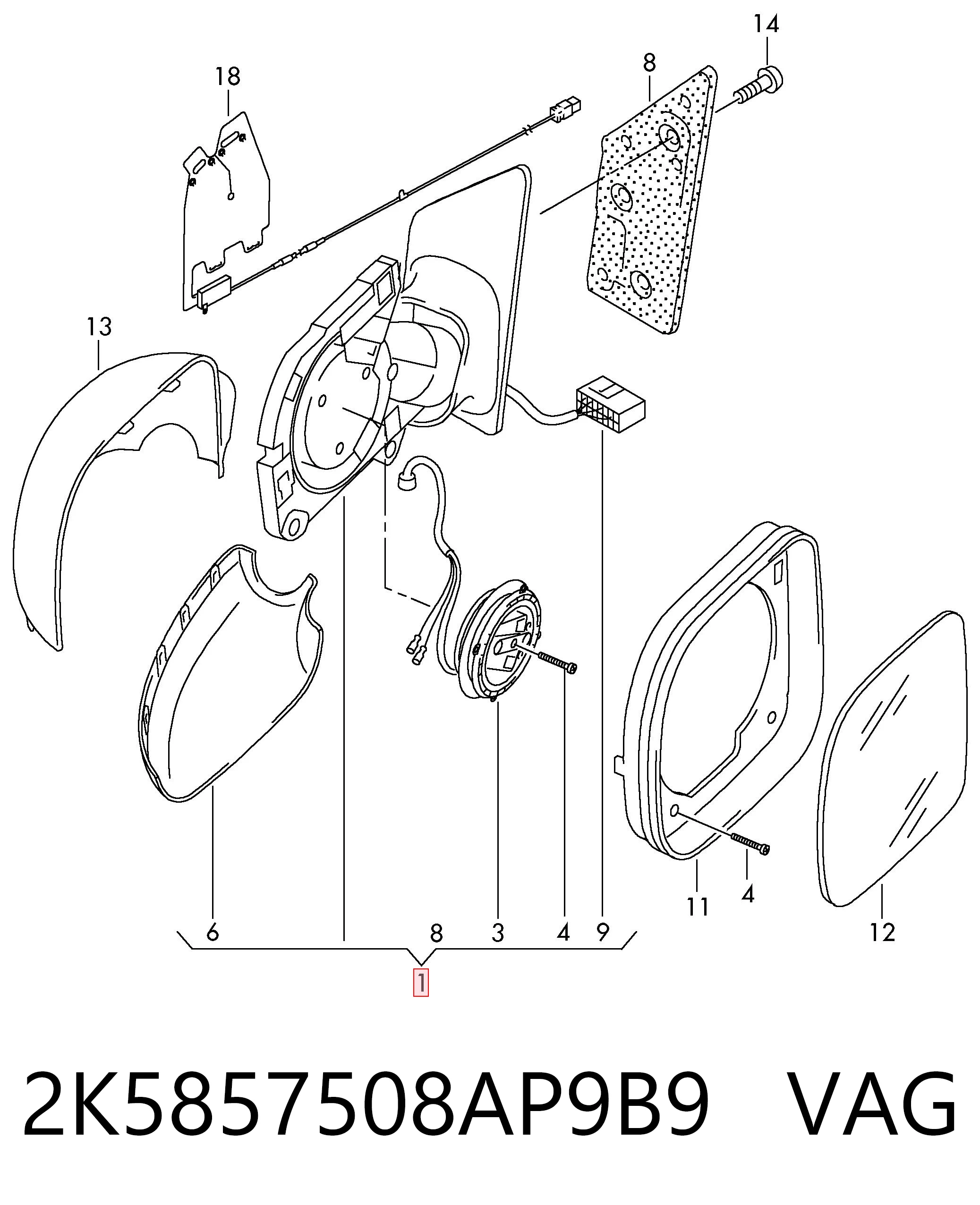 Espelho de retrovisão direito VAG 2K5857508AP9B9 preço, a partir de 119,75 USD