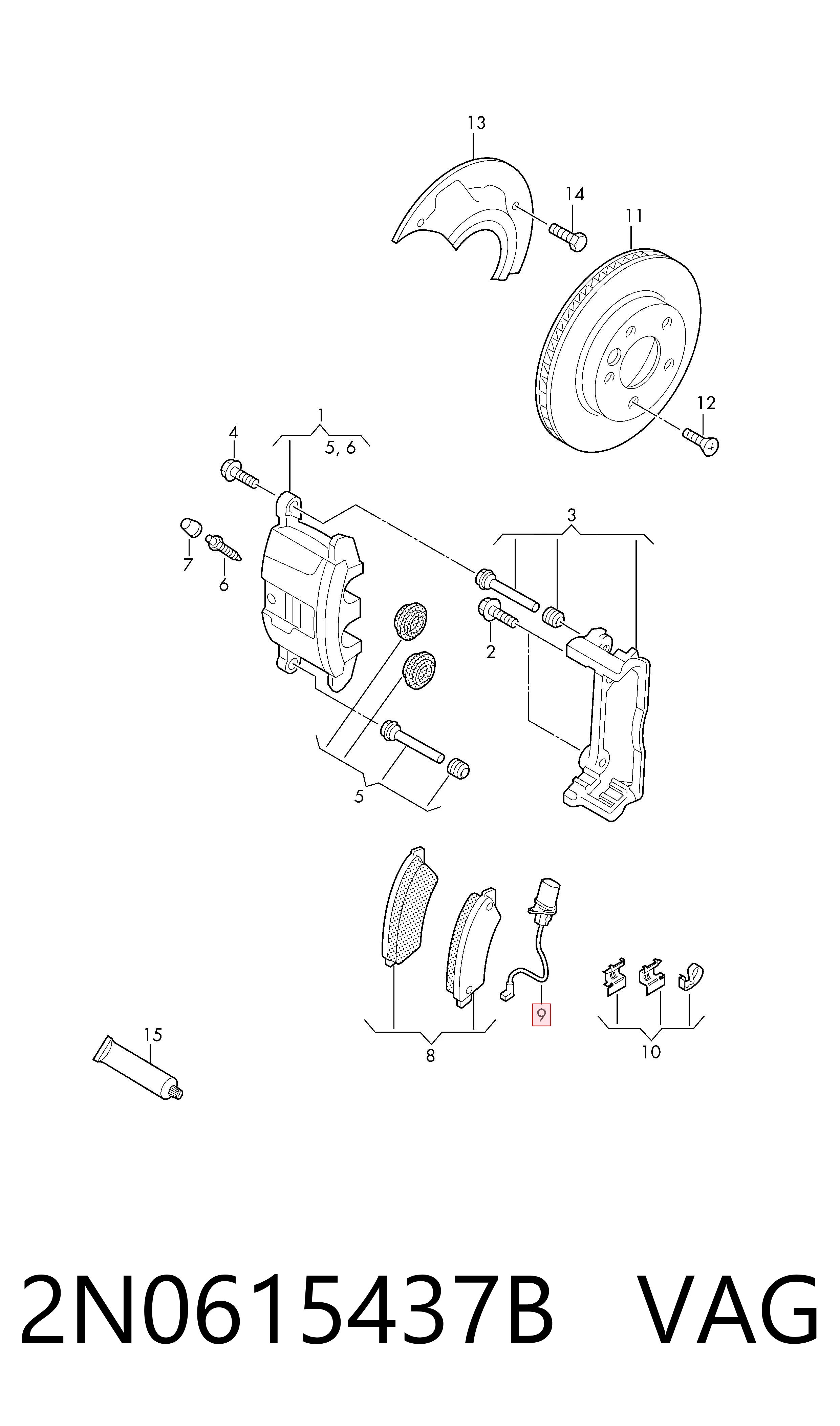 Sensor dianteiro de desgaste das sapatas do freio 2N0615437B VAG