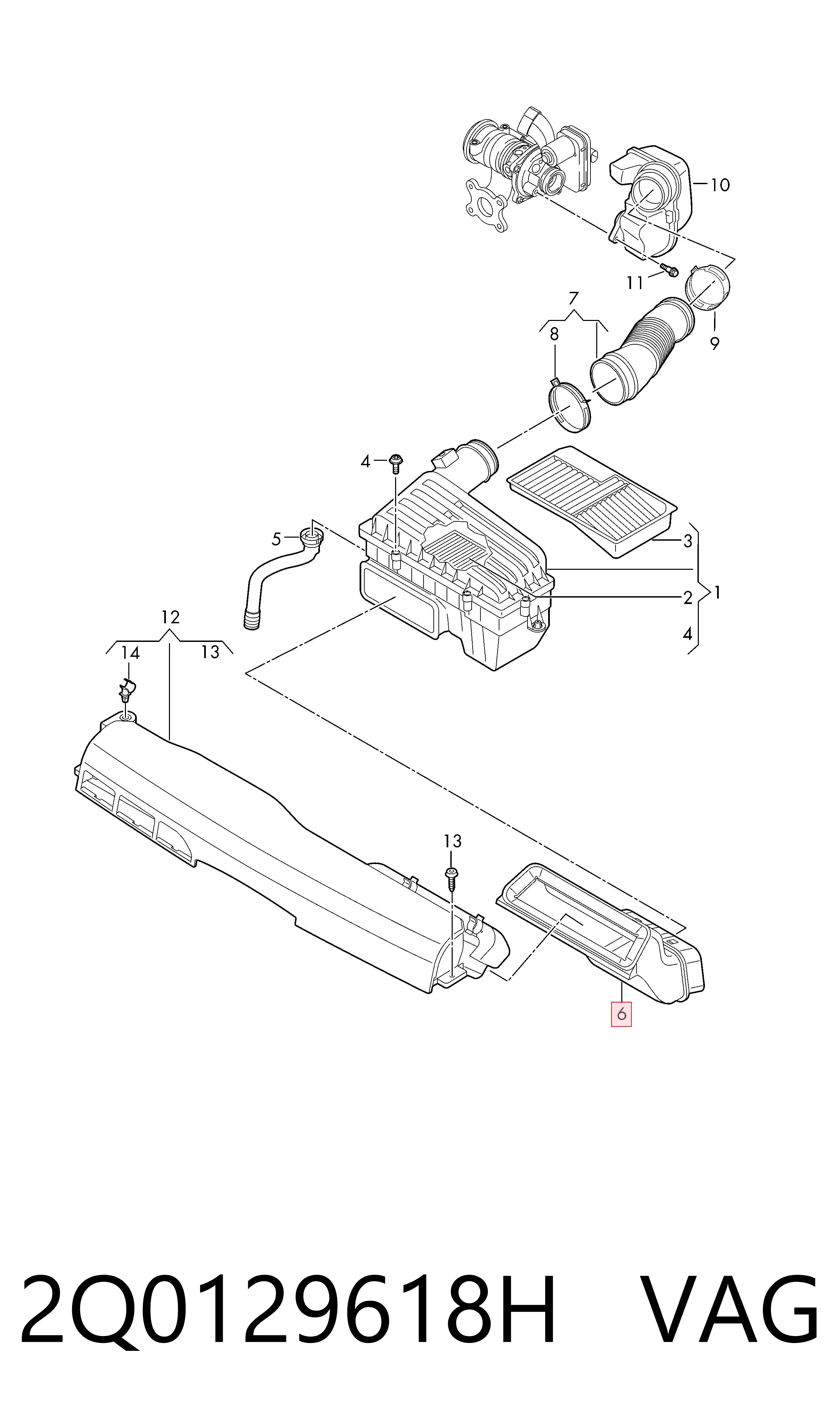 2Q0129618H VAG Cano derivado de ar, entrada de filtro de ar