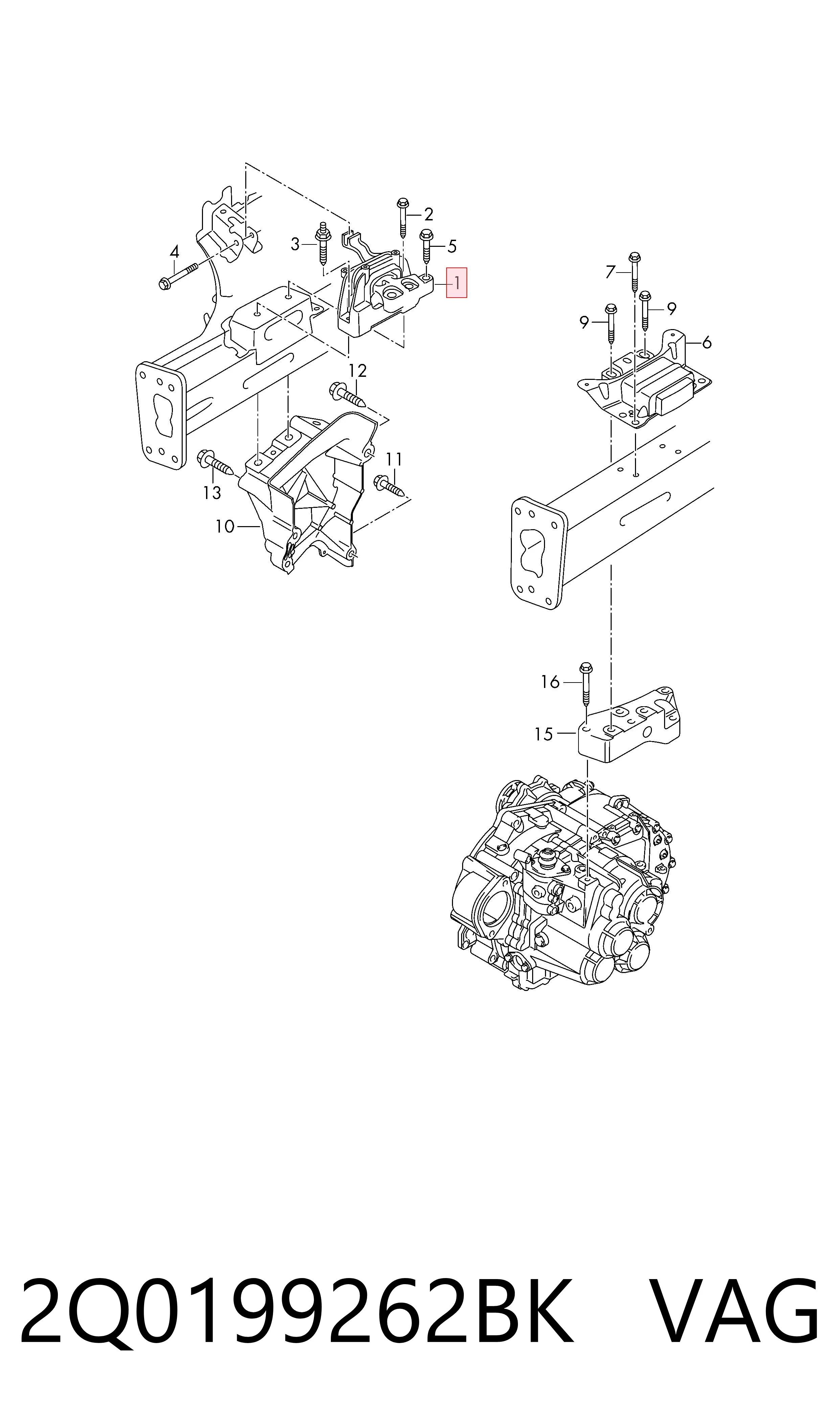 2Q0199262BK VAG Coxim (suporte) direito de motor