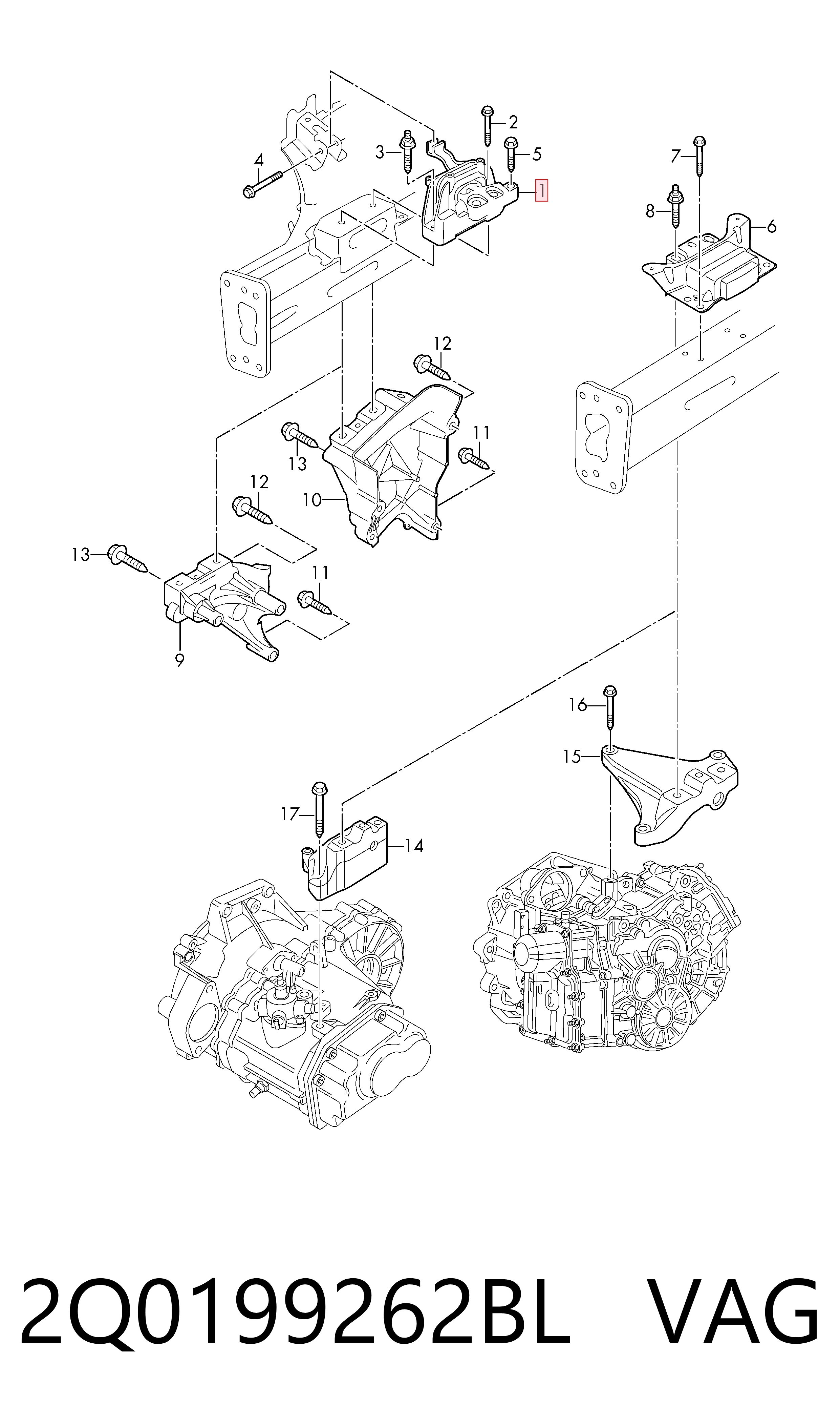 2Q0199262BL VAG Coxim (suporte) direito de motor