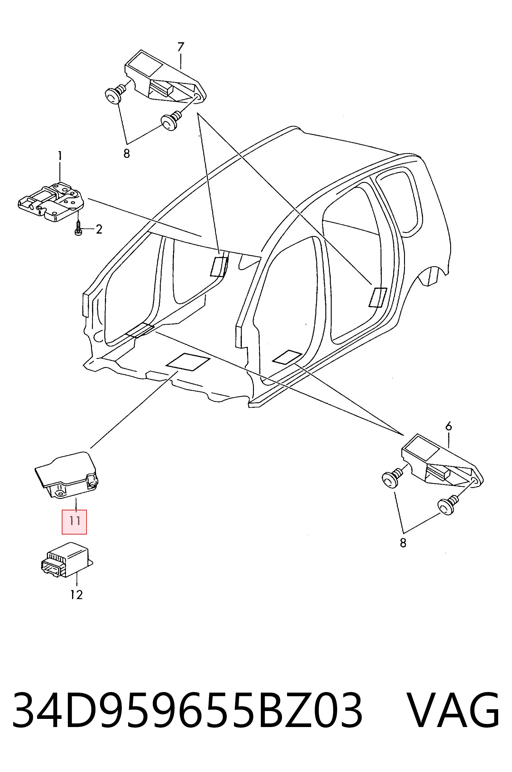34D959655BZ03 VAG Módulo processador de controlo da bolsa de ar (Centralina eletrônica AIRBAG)