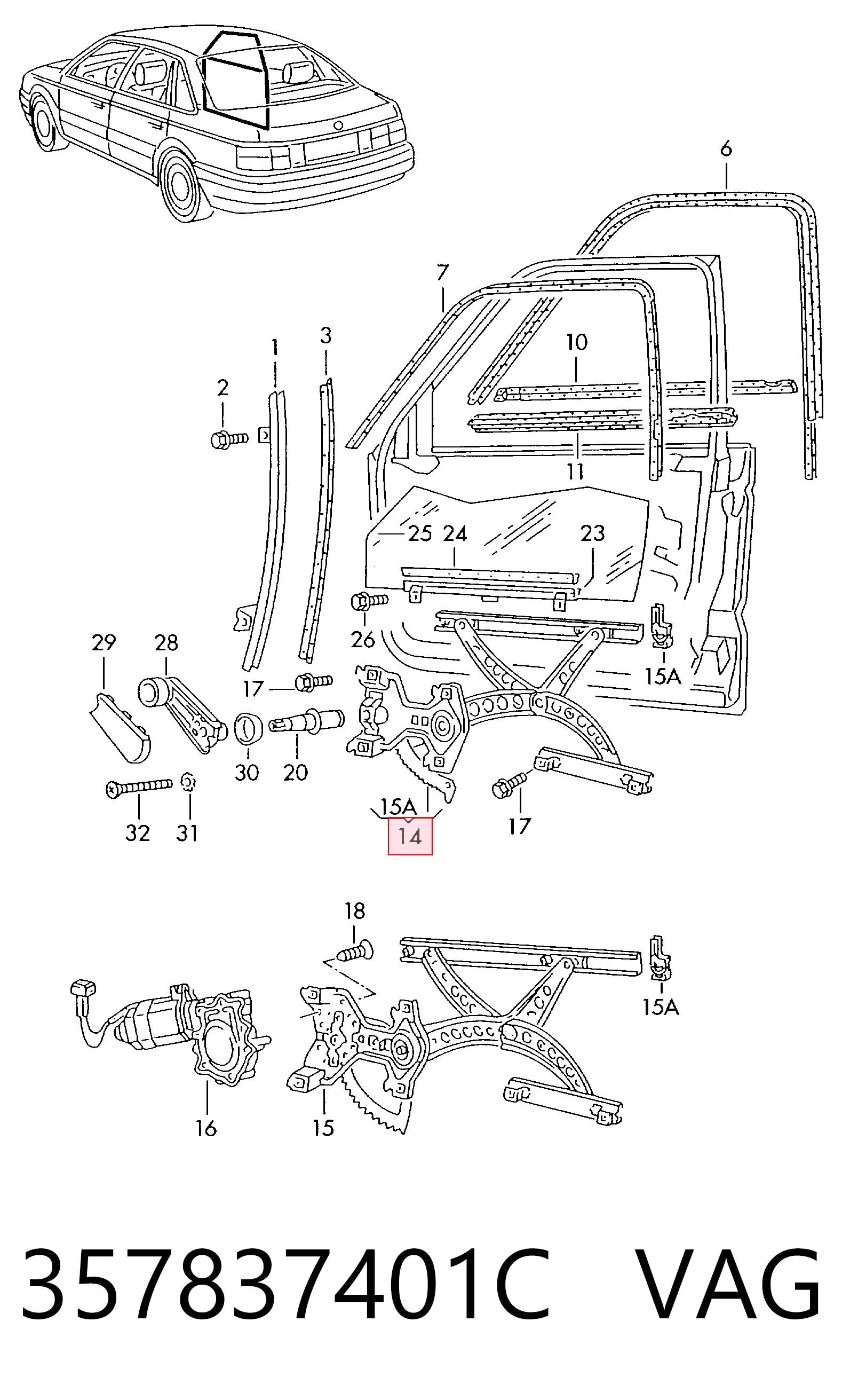  Mecanismo de acionamento de vidro da porta dianteira esquerda Volkswagen Passat B3, B4 carrinha (3A5, 351, 315) (1988 - 1997) B3, B4