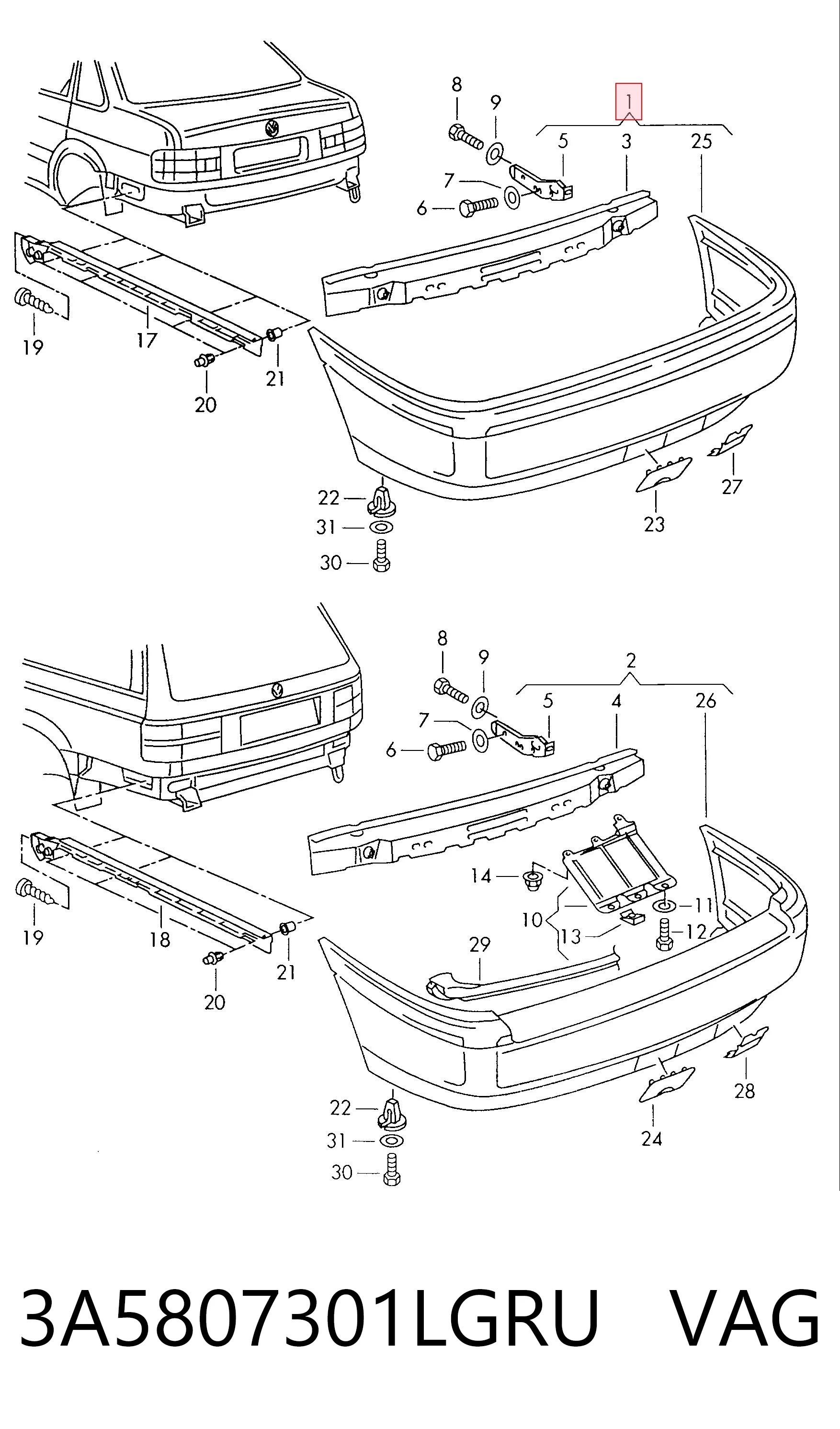Pára-choque traseiro para Volkswagen Passat B3, B4 3A2, 351, 312
