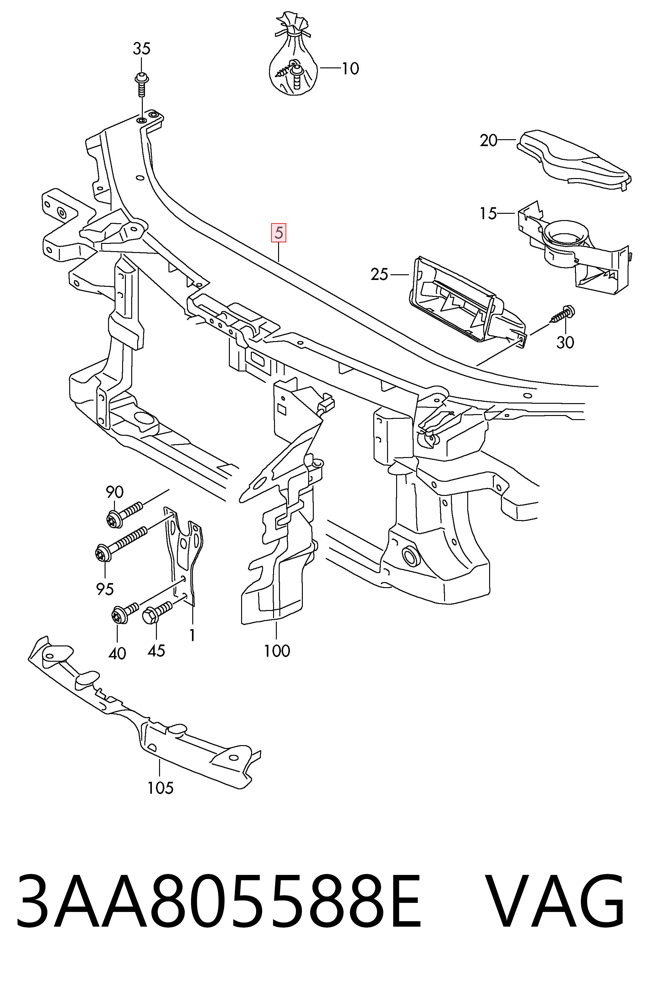 3AA805588E VAG Suporte do radiador montado (painel de montagem de fixação das luzes)
