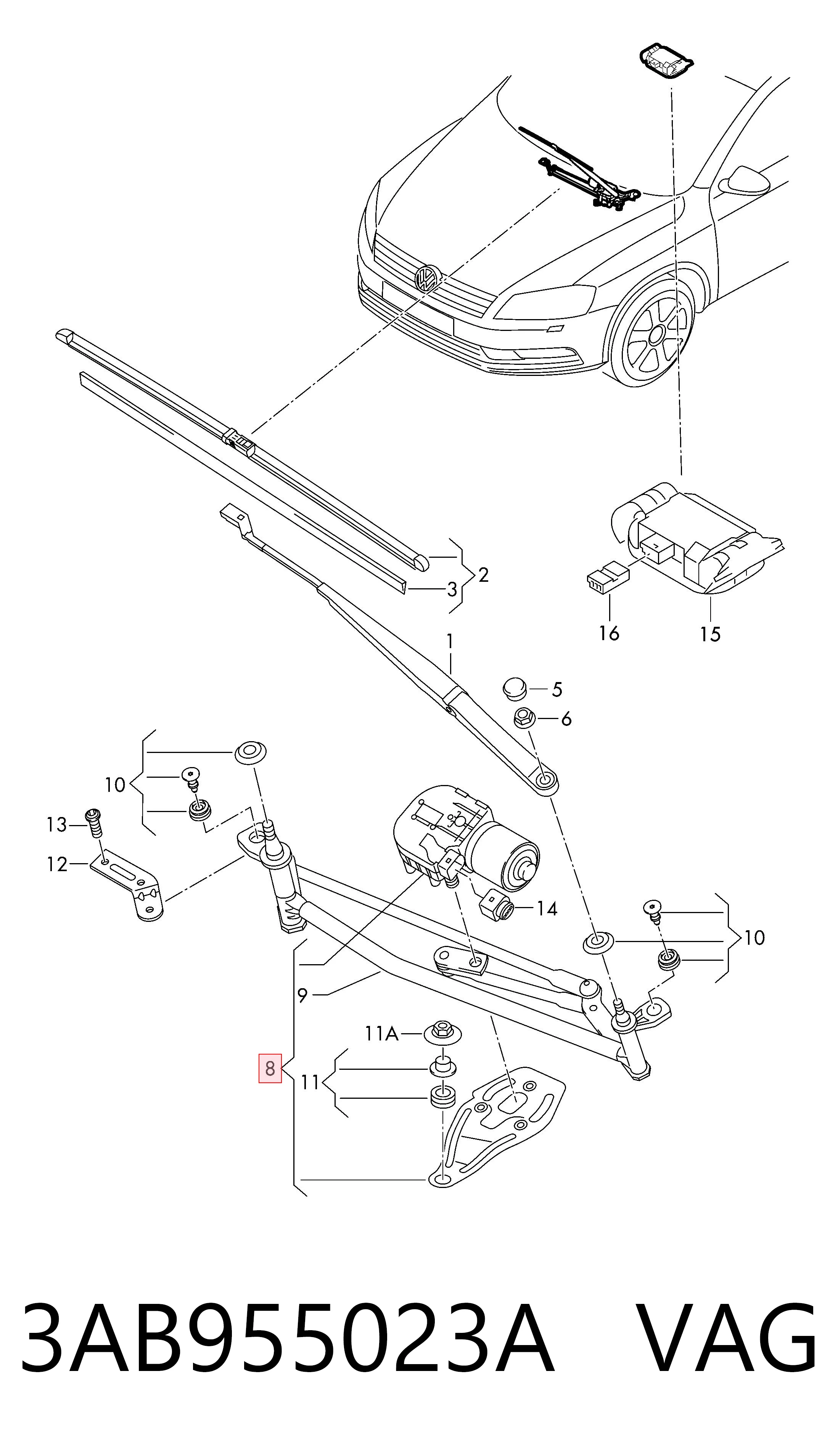 Trapézio de limpador pára-brisas Volkswagen Passat B6 3C2