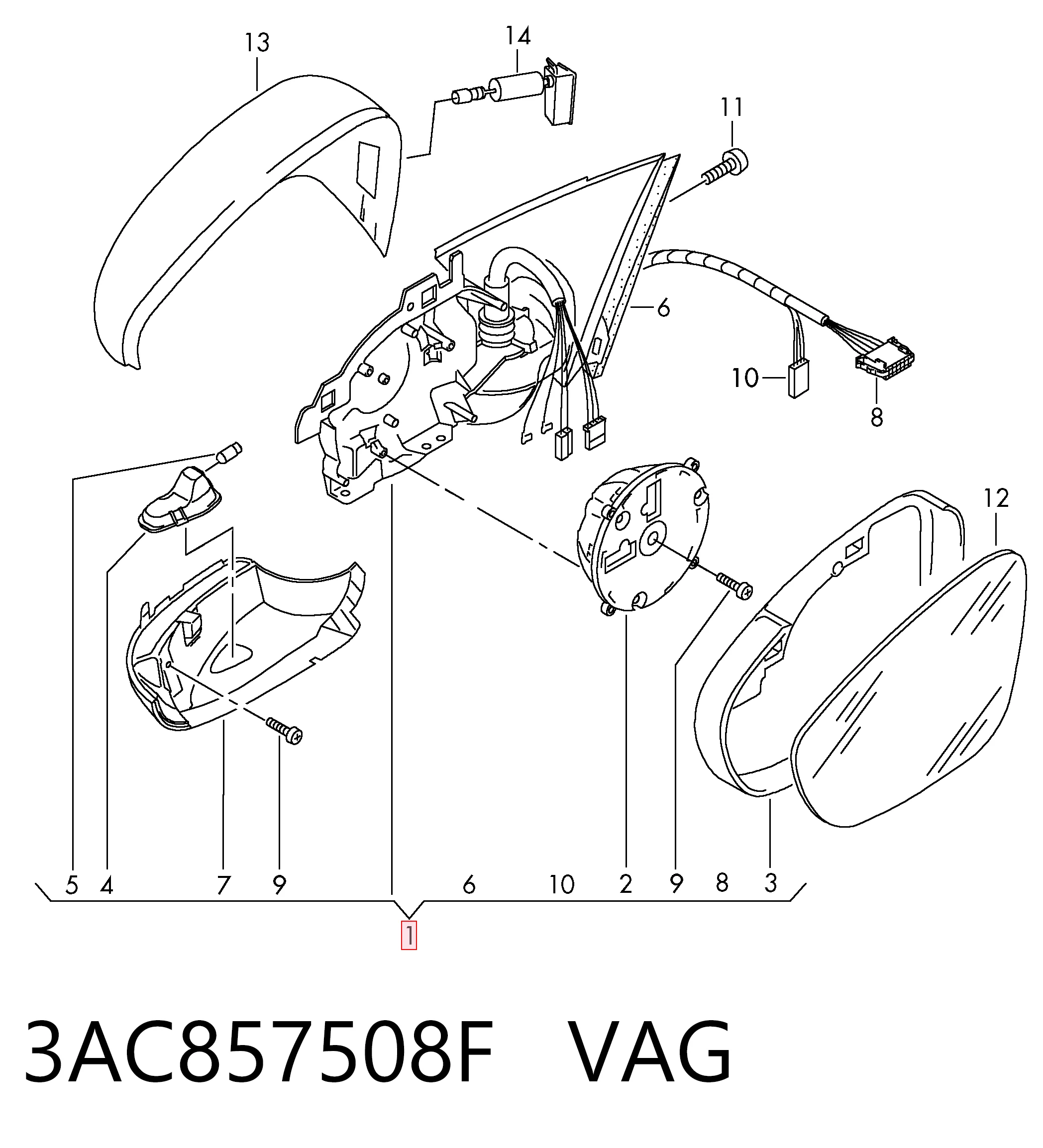 3AC857508F VAG Espelho de retrovisão direito
