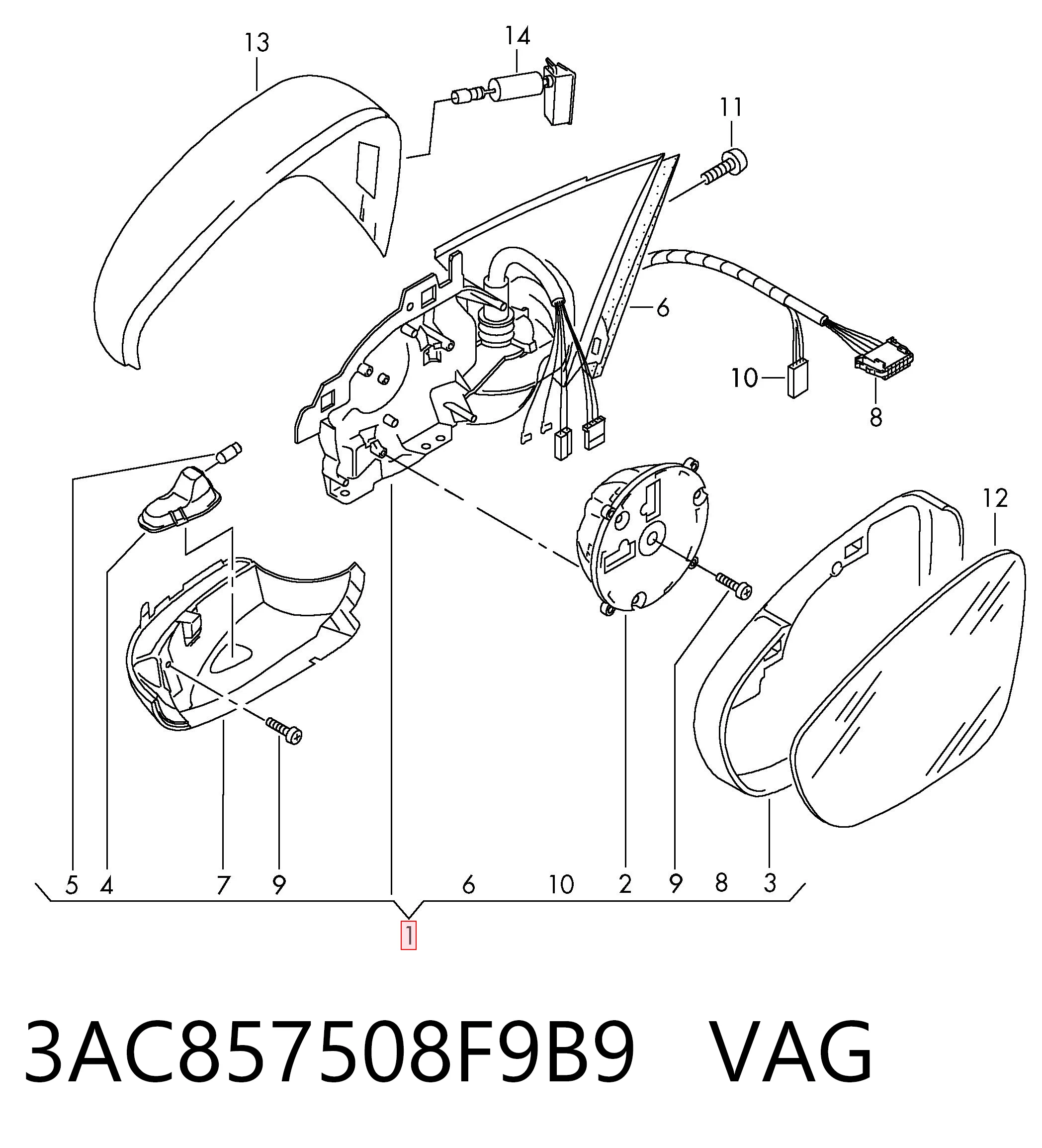 Espelho de retrovisão direito VAG 3AC857508F9B9 preço, a partir de 122,58 USD
