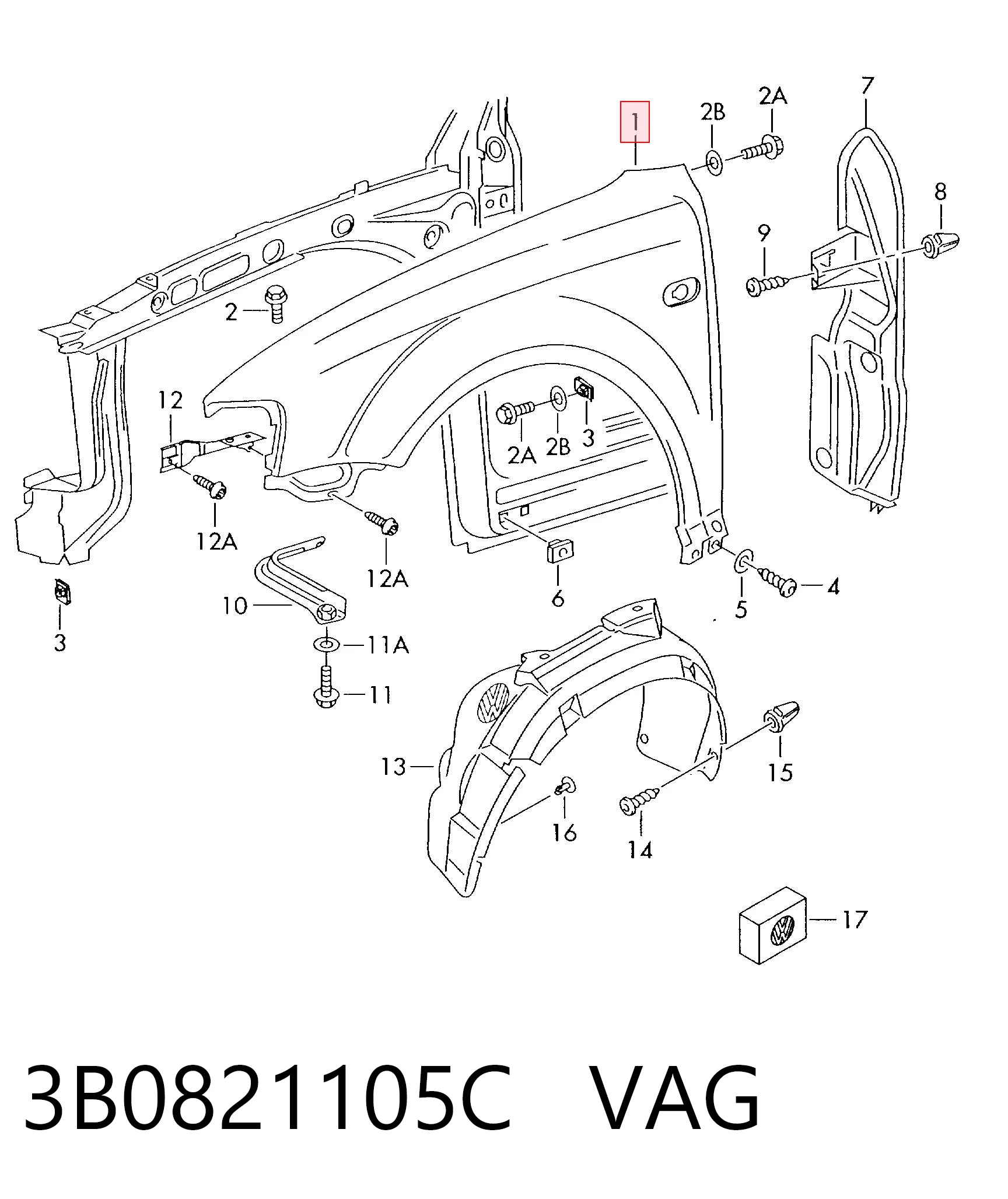 Pára-lama dianteiro esquerdo para Volkswagen Passat B5 3B2