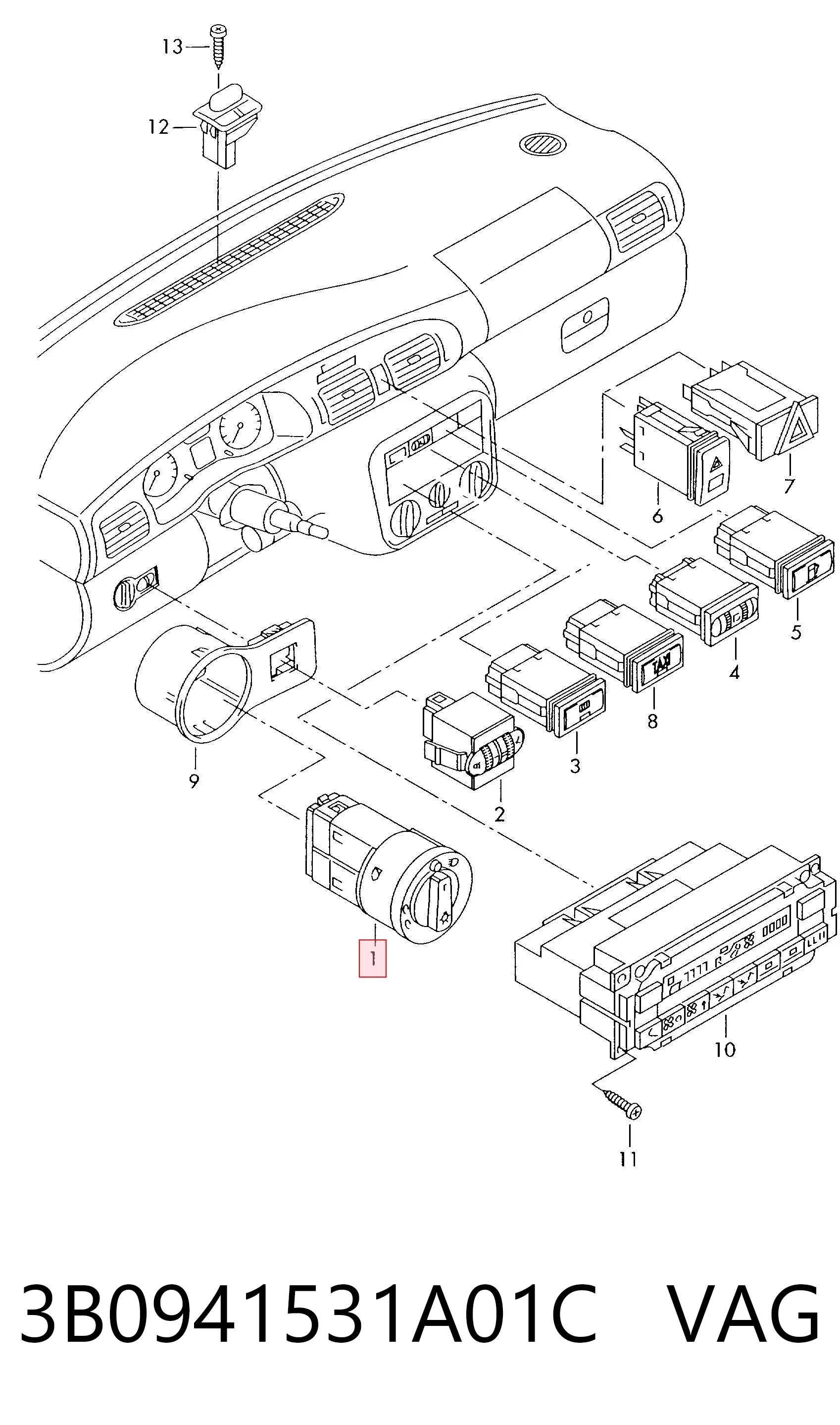 3B0941531A01C VAG Comutador das luzes no "painel de instrumentos"