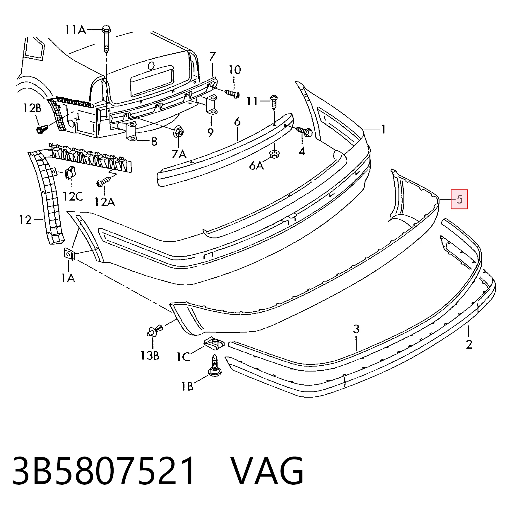 3B5807521 VAG Spoiler do pára-choque traseiro