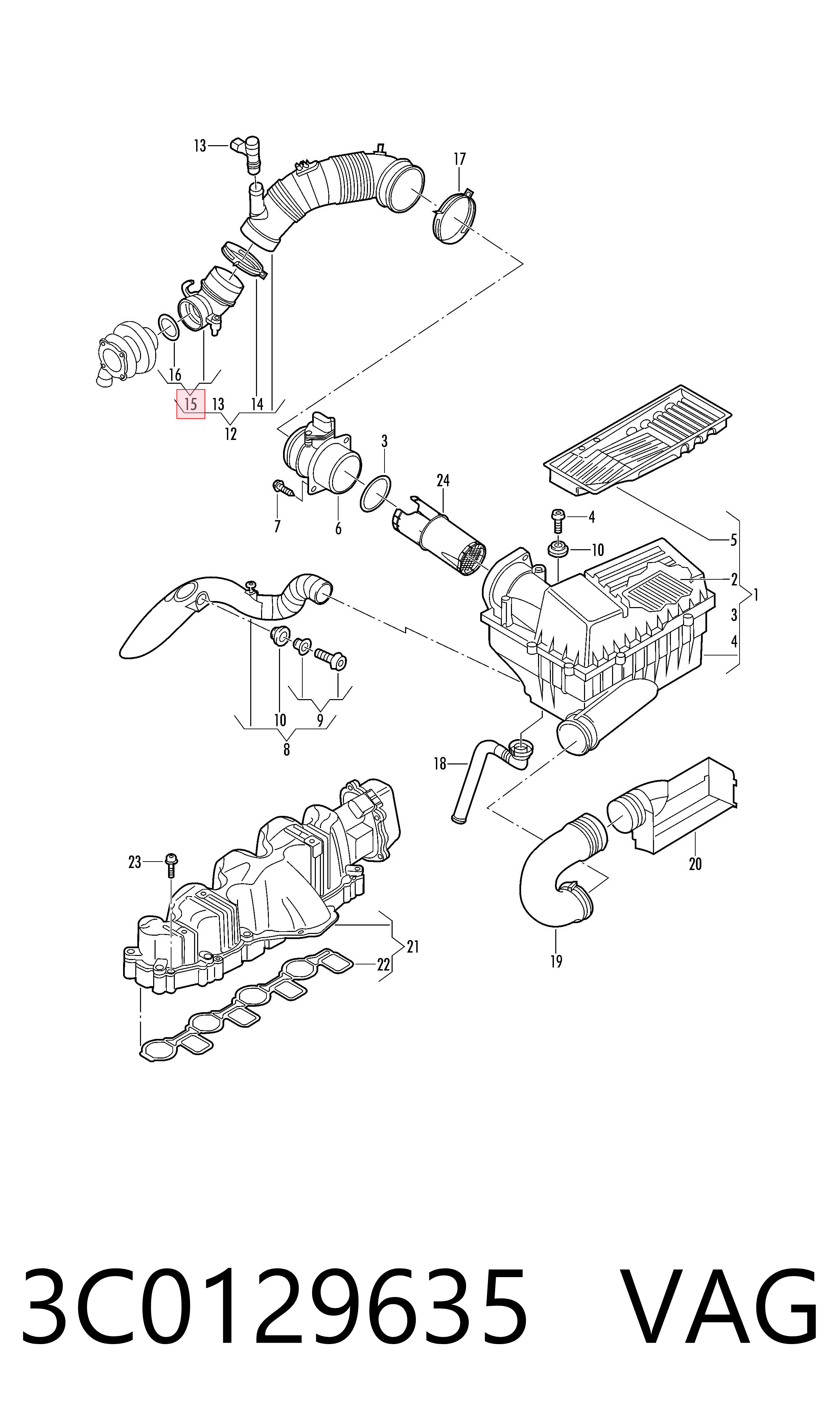 3C0129635 VAG Cano derivado de ar, entrada na turbina (supercompressão)