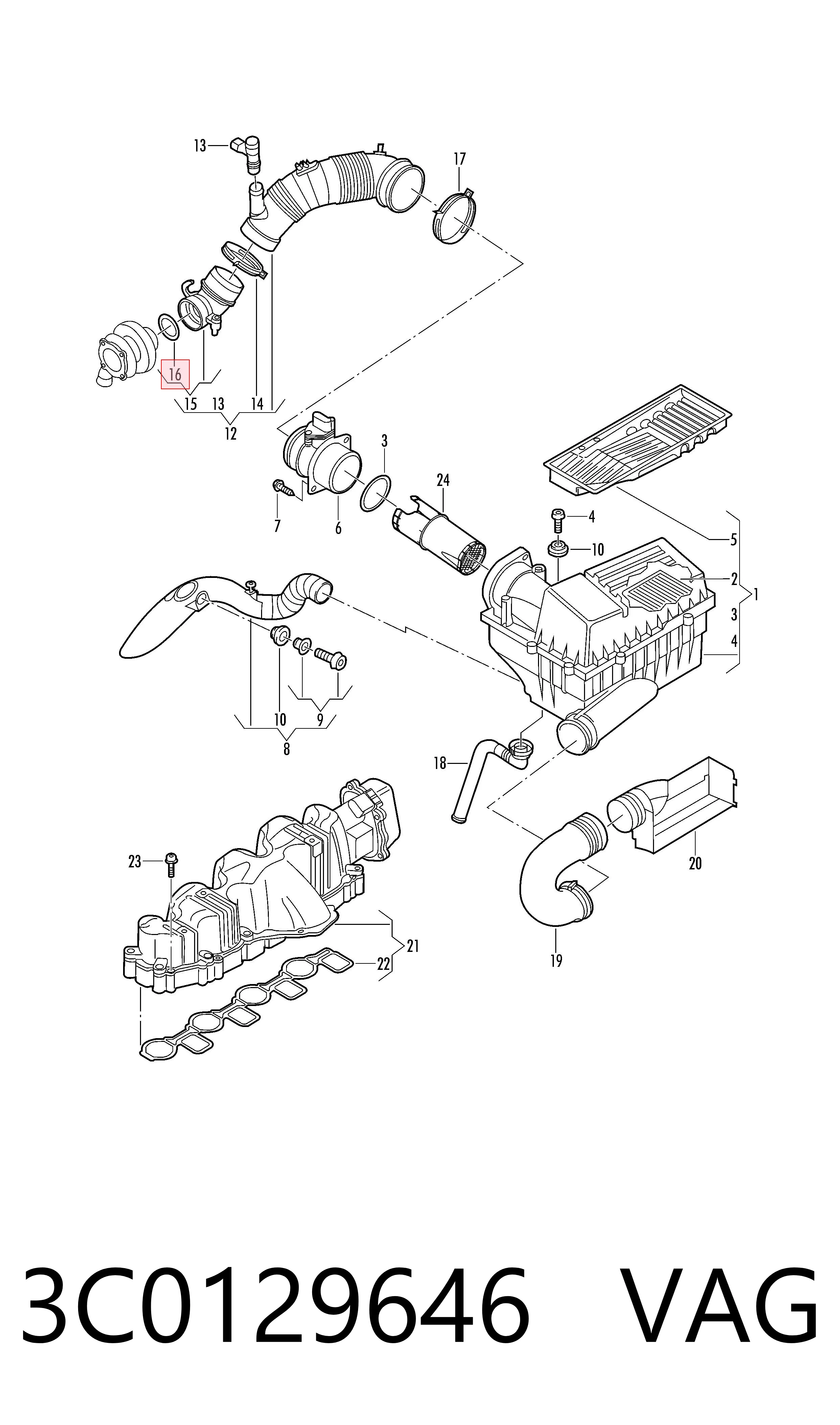 3C0129646 VAG Vedante de turbina de ar comprimido, admissão