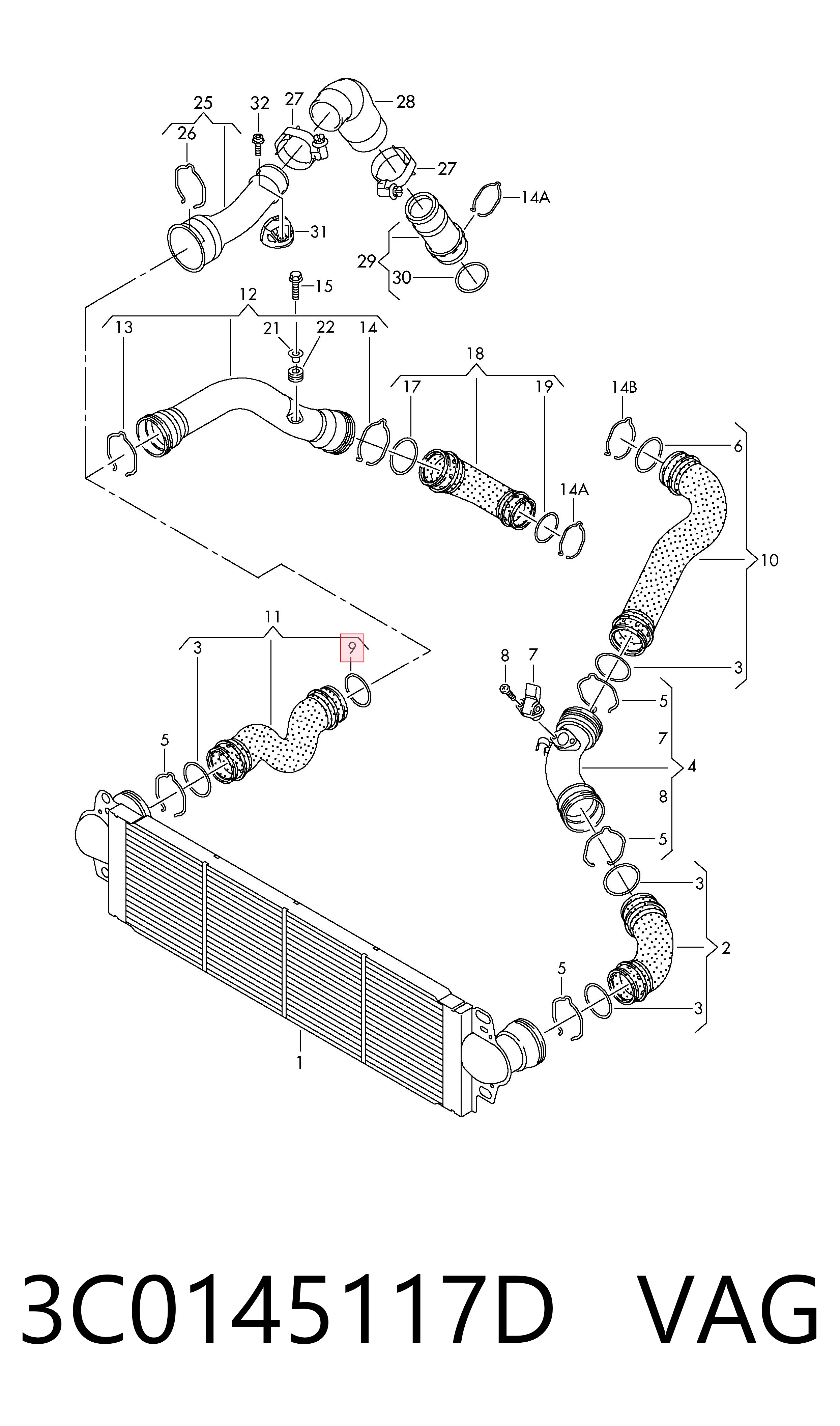 3C0145117D VAG Anel de vedação (vedante) de cano derivado de intercooler